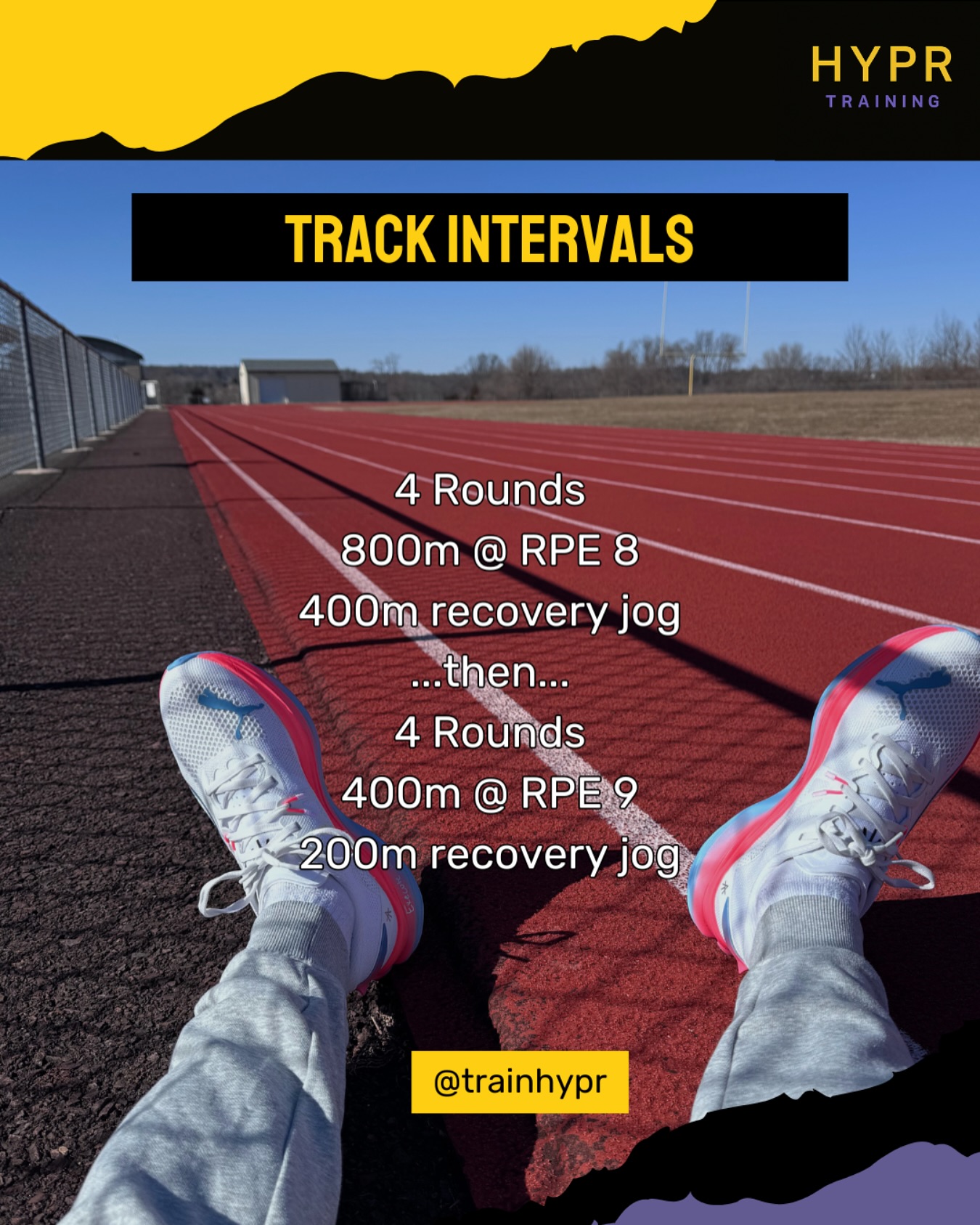 Track intervals you can tackle this weekend! Recovery jogs should be very slow. 9-12 min mile pace for beginners. 7:30-9 min mile pace for advanced runners.
.
Quick explanation of RPE… it stands for Rate of Perceived Exertion and is essentially a scale of 1-10 for effort.
RPE 8 is borderline uncomfortable. You should be short of breath, need a solid mentality to keep your pace, but be able to speak a sentence while running.
RPE 9 is a little less than all out. A pace you that is challenging to maintain for the 400 but that you could do another 400 if you really dialed in.
.
.
.
.
.
#hyprtraining #trainhypr #hybrid #hybridtraining #track #trackworkout #enduranceracing #endurancetraining #speedwork #speedtraining #raceprep