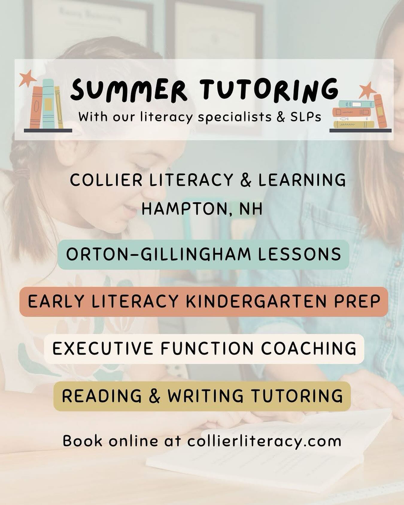If youāre looking for summer tutoring, weād love to chat about how we can support your student!
⢠Orton-Gillingham Lessons
⢠Early Literacy Kindergarten Prep
⢠Executive Function Coaching
⢠Reading & Writing Tutoring
Book online at Collierliteracy.com