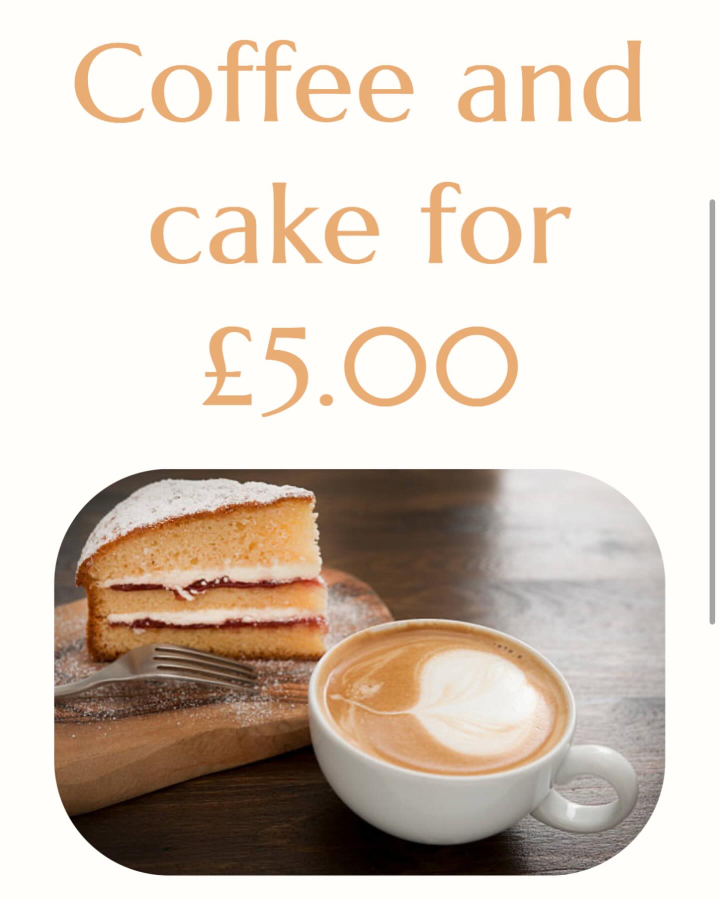 Good weather, better treats! Pop in Tuesday to Saturday, 11-3pm, for coffee, tea, and a slice of cake, including carrot cake, Victoria sponge, or cherry scone. Lounge al fresco or indoors - either way, deliciousness guaranteed!
Available Tuesday 13th May- Saturday 17th May
Please book ahead to avoid disappointment
£5 for a coffee or tea of your choice and a slice of cake or a scone with jam and cream