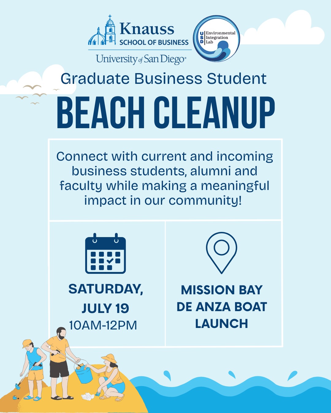 Finals got you dreaming of summer? 🌞
Mark your calendar for a Beach Cleanup with the EIL and Knauss School of Business!
Connect with current & incoming business students, alumni, and faculty while making an impact in our coastal community.
🗓 Saturday, July 19
🕙 10 AM – 12 PM
📍 Mission Bay, De Anza Boat Launch
RSVP link in bio
#USDKnauss #BeachCleanup #MBACommunity #OceanHealth #SustainableBusiness