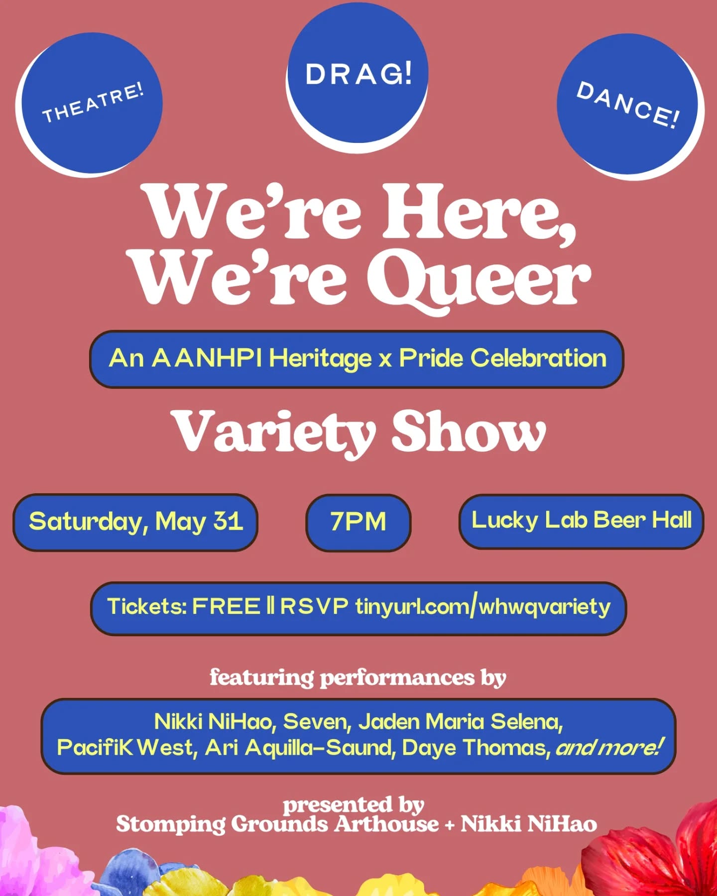 In collaboration with Nikki NiHao, we are delighted to bring you our next event: We're Here, We're Queer, an AANHPI Heritage x Pride Celebration Variety Show. ✨
Intersectionality is often at the heart of our human experience. Come celebrate with us as we honor the end of AANHPI Heritage Month and the beginning of Pride Month!
🗓️ Saturday, May 31 @ 7PM
📍 Lucky Labrador Beer Hall (NW Quimby)
🎟️ Free entry! (LIB to RSVP)