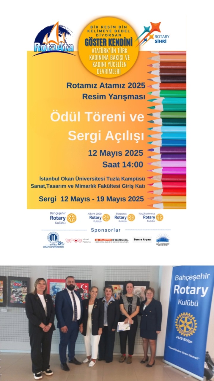 Bahçeşehir Rotary Kulübü’nün 2012 yılından bu yana her yıl yaptığı RotaAta etkinliği bu yıl Bahçeşehir Rotary Kulübü ev sahipliğinde, proje ortakları Alkent 2000, Bosporus , Küçükçekmece Kulüplerimiz ve İstanbul Okan Üniversitesi işbirliği ile Türkiye genelinde 3 ayrı yaş kategorisinde “Atatürk’ün Türk Kadınına Bakışı Ve Kadını Yücelten Devrimleri” konulu ROTAMIZ ATAMIZ 2025 RESİM YARIŞMASI olarak gerçekleşti.
Yarışma jürisi 05 Mayıs 2025 tarihinde Rotary 2420 Bölge ofisinde toplanarak yarışmaya katılan 47 eser üzerinde yaptıkları değerlendirme sonucunda yarışma koşullarına uygun olarak çalışmalarını tamamladılar.
07. Mayıs 2025 tarihinde sonuçları açıklanan yarışmanın , Ödül alan 9 resim ile sergileme hakkı kazanan 15 resim olmak üzere toplam 24 eserden oluşan Sergi Açılışı ile Ödül Töreni, yarışmaya katılan öğrencilerden 14 ünün velileri ile birlikte katılımları ile 12 Mayıs 2025 tarihinde İstanbul Okan Üniversitesi Tuzla Kampüsü Sanat, Tasarım ve Mimarlık Fakültesinde yapıldı. Okan Üniversitesi Güzel Sanatlar Fakültesi dekanı ve öğretim kadrosu ile proje ortağı kulüp üyelerinin de katıldıkları ödül töreninde Bahçeşehir Rotary Kulübünün RotaAta 100.yıl etkinlikleri ile Atatürk Cumhuriyet ve Kadın konulu sunumu sonrasında katılımcılara ödülleri verildi.. Giriş Katında açılan resim sergisi 19 Mayıs 2025 tarihine kadar devam edecek.
❤️