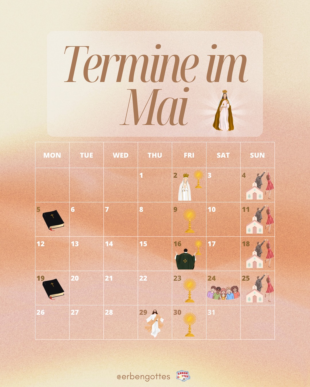 Unsere Termine für den Mai 🧡🌷 Wir freuen uns, wenn DU dabei bist! 😊
*Der Tanzkurs findet jeden Sonntag nach der Messe im Pfarrheim statt. 💃🏽🕺🏻