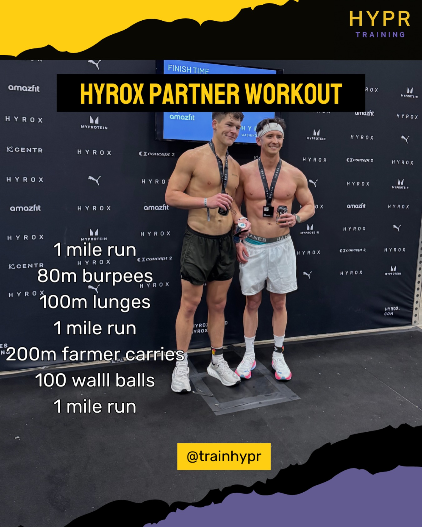 Grab a partner and some weights and head outside for this Hyrox style workout! Just like Hyrox Doubles, runs are done together, and strength work is done one at a time until@the goal distance or reps are met.
.
Beginners:
-20 to 30 pound sandbag or weights for lunges
-15 to 35 lb dumbbells/kettlebells for farmer carries
-8 to 12 lb wall ball
.
Intermediate:
-30 to 40 pound sandbag or weights for lunges
-25 to 45 lb dumbbells/kettlebells for farmer carries
-10 to 12 lb wall ball
Advanced
-if you’re training for Hyrox and looking to do this one all out, use the weights you would use for Hyrox. (Women’s/men’s open, or women’s / men’s pro)
.
Have fun!
.
.
.
.
#hyrox #hyroxtraining #hybridtraining #hybridathlete #personaltraining #cardio #endurancetraining #raceprep