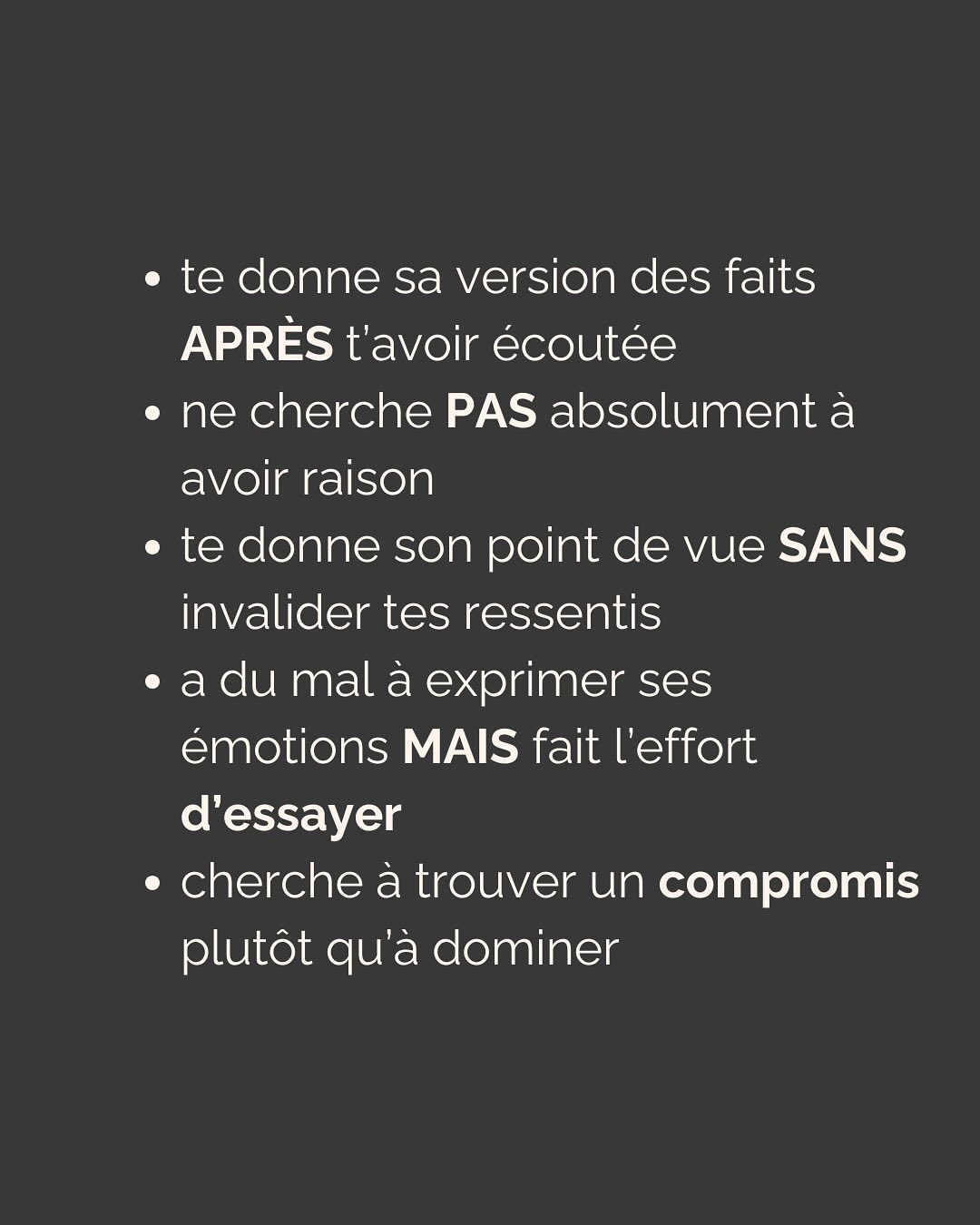 Cela va sans dire que dans un conflit, toute forme de violence verbale (manipulation, insulte) ou physique est un RED FLAG ABSOLU et qu’il faut fuir sans attendre…
————————————————————————
Je suis Emilie, thérapeute & coach diplômée spécialisée dans la dépendance affective et les troubles émotionnels.
J’aide les femmes qui souffrent de schémas toxiques répétitifs à aimer sereinement et librement, sans plus jamais s’oublier.
Tu te reconnais dans mes posts ? Prenons 30 minutes pour faire connaissance.
Rdv sur mon site emilie-leduc.com ou dans le lien que tu trouveras ci-dessus dans ma bio
#dependanceaffective #manipulation#relationtoxique#addiction#dependance#peurs#blessuredabandon#rupture#couple#hypersensibilité #emotions #gestionemotions #hypersensibles #abandon #perversnarcissique #depression #blessuredelame #selflove #amourdesoi #tinder#date#rencontre #angoisse#solitude #lovecoach #pn #devperso #amourdesoi