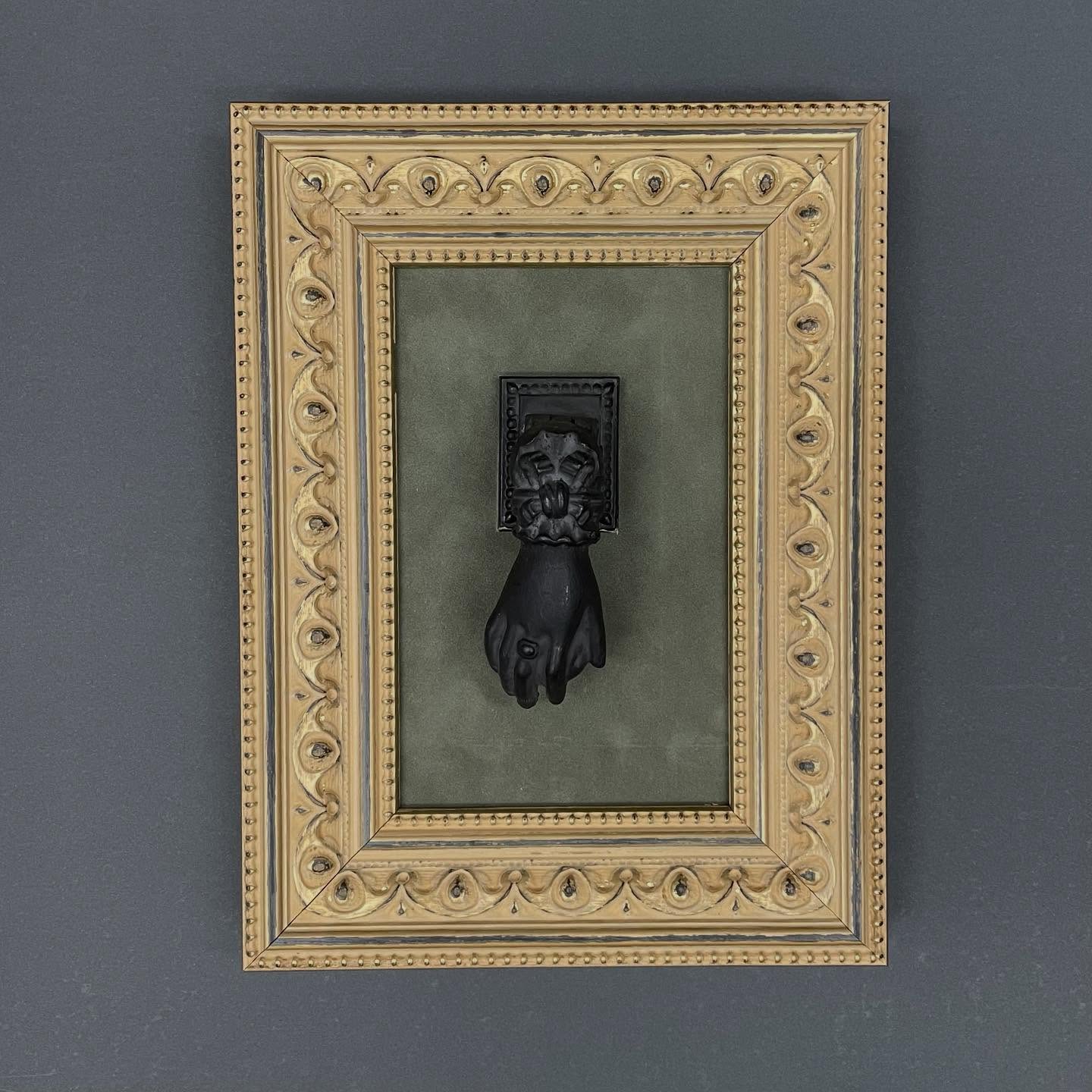 A vintage door knocker with a deep story. Love this design by @holly.m.burns.art #doorknocker #romamoulding #customartframing #norwoodma #ww2 #memorabilia #bespoke #handknocker