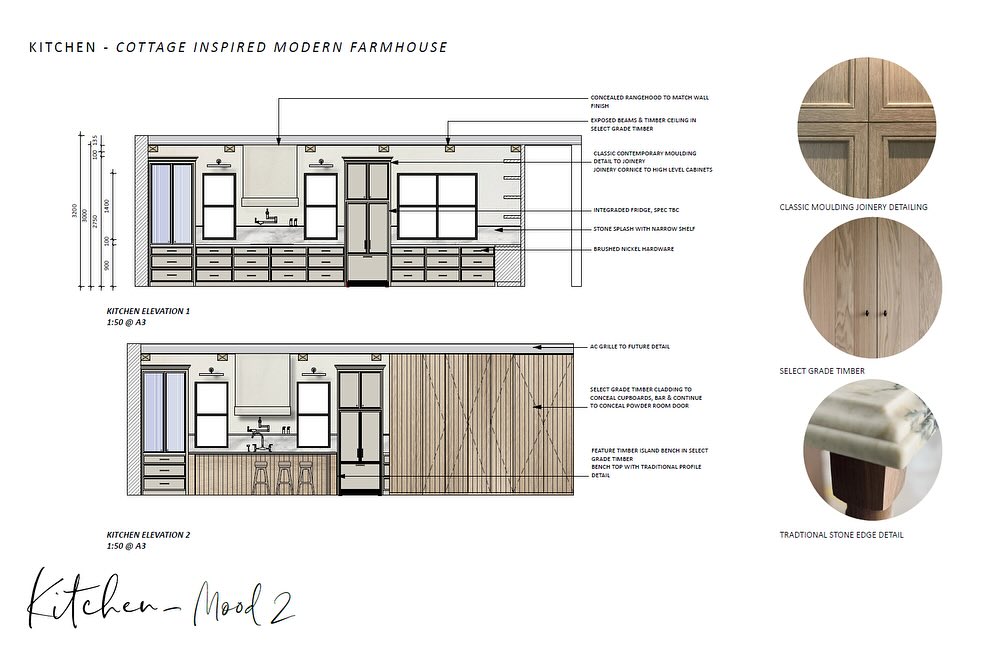 Interior Design Concept highlights from our European Farmhouse inspired major renovation.
Commissioned for interior design services we have chosen to collaborate with the talented @amelia.gallen.interior.design to elevate the creative potential and execution of this project. We have been thrilled with her vision and visual productions thus far.
This relaxed, charming elegant scheme was the second of two options we presented our clients and was the preferred direction they wish to develop in the next phase of our interior design service.
The natural finishes and their rich textures combine with the bespoke joinery to create an artisanal handcrafted aesthetic, distinct from a mass-produced manufactured look.
Check out our exterior artist impressions for this Modern European Farmhouse on our profile