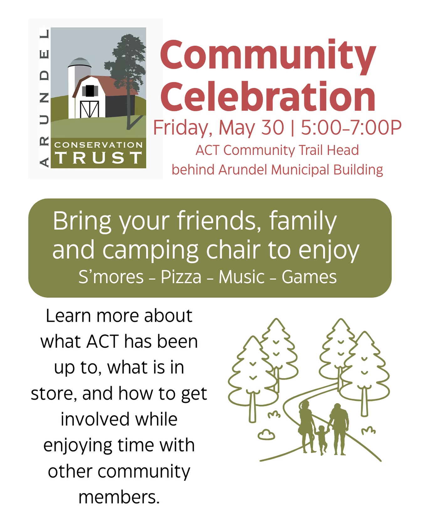 We hope to see you there! ☀️
We’ll be gathering on May 30th for a family friendly community event to kick off the summer season at the head of the Community Trails at the Arundel Municipal Building. Music by Beau Dalleo, S’mores, Refreshments, Games, and more!!
#arundelmaine #kennebunkport #kennebunkmaine
