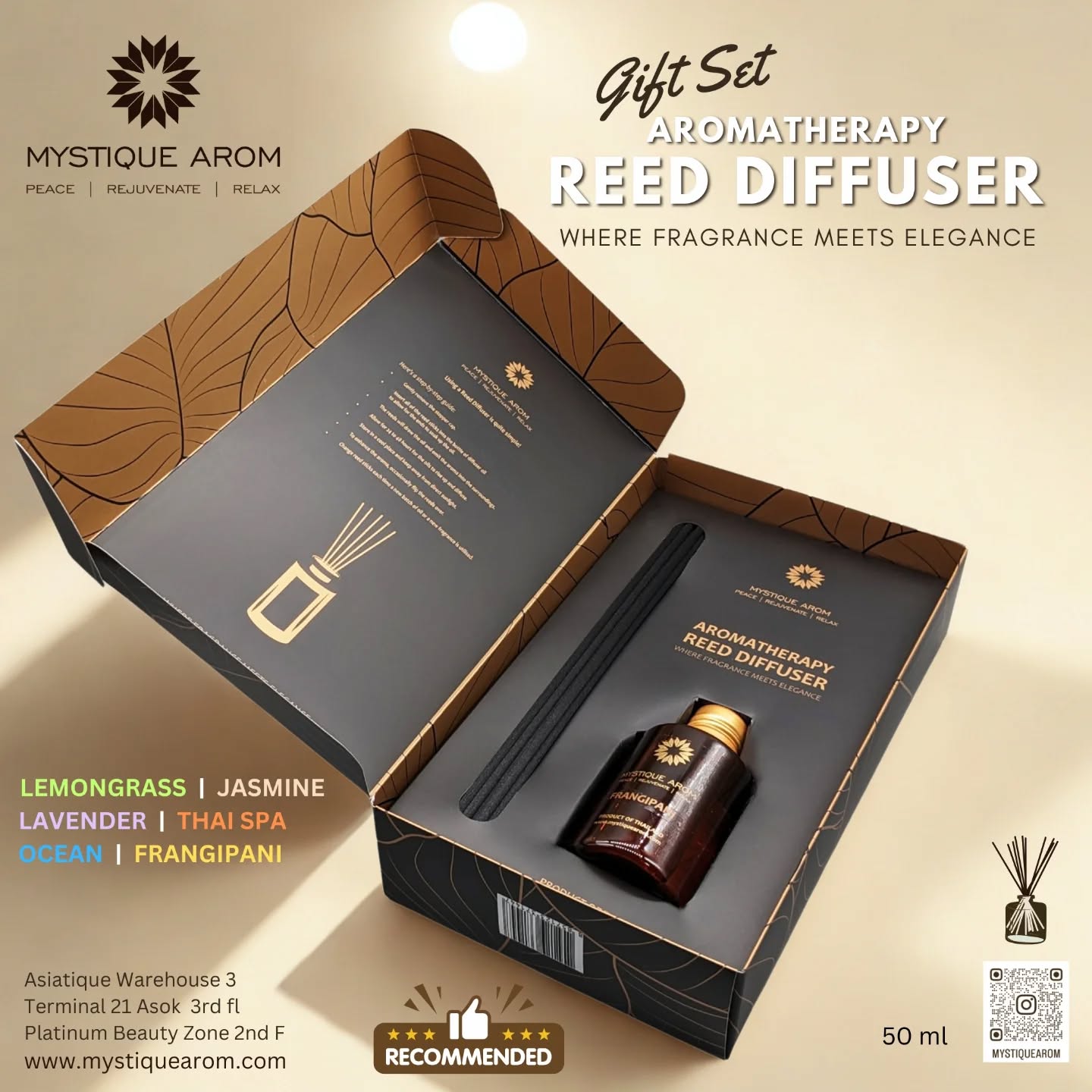 Delivers soothing Aromas into your living spaces & bedrooms, whilst making for a beautiful centerpiece for your homes.
Each Elegant Gift Set contains 5 reed sticks & a sleek 50 ml bottled diffuser oil.
The diffuser oil is drawn up through the natural reeds and then dispersed into the air, releasing scents that are soothing to the senses and filling your home with the fragrance you love.
#mystiquearom #soaps #naturalproducts #bangkok