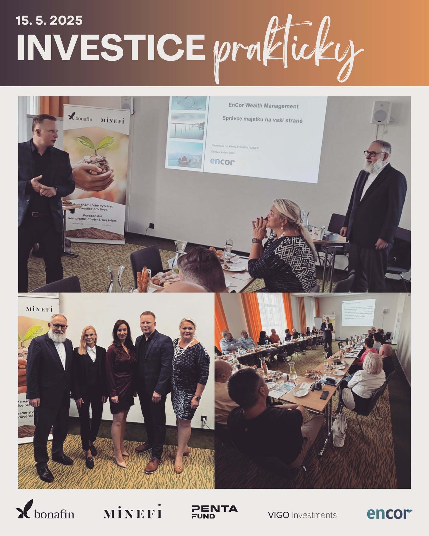 Včera jsme v @dkakord opět uspořádali setkání pro naše klienty a hosty z @krajska.hospodarska.komora.msk. Tato akce se stává krásnou tradicí – prostorem pro sdílení informací, inspiraci i osobní setkání. Věříme, že informace jsou nezbytné pro správné rozhodování a ty nejlepší jsou z "první ruky" 🙂
Naši hosté si vyslechli tři velmi zajímavé prezentace, které přinesly pohled na současné investiční příležitosti a cesty, jak efektivně pracovat se svými penězi.
Mezi vystupujícími byli :
🔸 @helenakuhnova ze společnosti @penta_investments která nám představila společnost jako takovou a jejich nově otevřené fondy.
🔸 @lennyy.ne reprezentující investiční společnost @vigoinvestments.
🔸 a také Lubor Žalman – člověk, se kterým mě pojí profesní minulost z Raiffeisenbank. Tehdy v roli generálního ředitele, dnes jako lídr ve své společnosti EnCor Wealth Management, kterou s obdivem sleduji. Lubor je pro mě nejen odbornou autoritou, ale také inspirativní osobností.
Děkuji všem zúčastněným za skvělé prezentace, příjemné vystupování a čas, který jste nám věnovali.
Profesionální a milou obsluhu, která přispěla k pohodové atmosféře celého odpoledne zajistila Eunika Zmudová z @eni_events_sro.
Díky všem, kdo byli součástí. Těším se na další setkání na podzim 🍀
#investice #spoluprace #inspirace