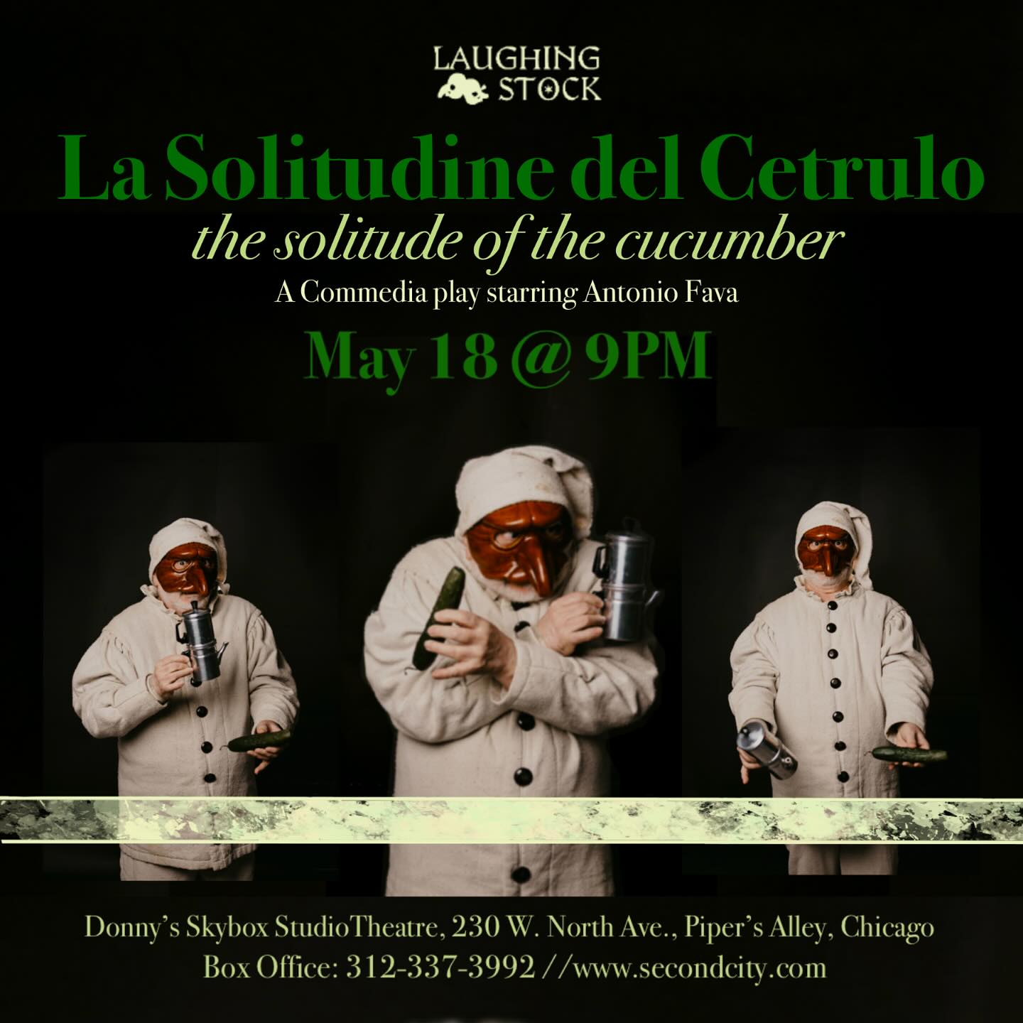 Workshops are underway but there’s still time to see Antonio in action! What do Mice, Bloody Knives, and Cucumbers have in common? Find out in “La Solitudine del Cetrulo” or “The Solitude of the Cucumber”. One Night Only—Sunday (5/18) at 9pm. Get tickets at www.secondcity.com or www.laughingstockchi.com.
#commediadellarte #comicmask #masks #italianinchicago #pulcinella #workshop#performance #chicagotheatre #clown