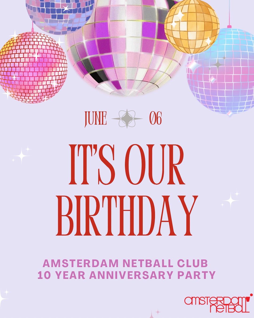 Let’s get the party started! 🎉 Amsterdam Netball Club is turning 10 this year!! 🥳🎈🎊 We are holding an anniversary party on 6 June. You can buy a ticket on our website or via the app (just like registering for training). We are trying to finalise arrangements so please buy your ticket ASAP! Everyone is welcome, past members, partners, your friend who you wan to join the club 😉 We can’t wait to see everyone dressed up and a little bit fancy instead of in our active wear!! 💃🏽🕺