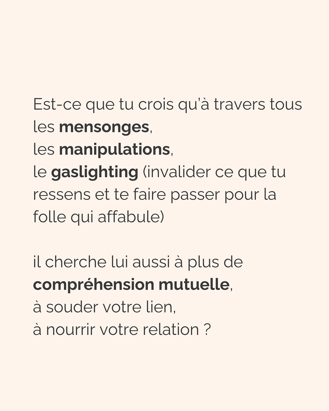 Se défaire de l’emprise d’un ou une PN est un parcours du combattant. Que ce soit dans les relations amoureuses, amicales, la famille et même évidemment au boulot (oui, ils sont partout !).
Si c’est ton cas, ne perds pas espoir et ne culpabilise pas. Tu fais de ton mieux et à ton rythme pour t’en sortir.
Avant de trouver la force de partir (le/la PN te pompe toute ton énergie précisément pour que tu n’aies pas la force de partir) voici la meilleure chose que tu peux faire pour TOI :
Montre-lui que TU SAIS. Que tu n’es pas DUPE. Tu as repéré son petit jeu, tu peux même en décrire les tenants et aboutissants. Tu sais reconnaître ses manipulations, ses phrases assassines. Mais elles ne te touchent plus. Elles ne t’atteignent plus.
(Oui ok, c’est pas vrai, mais il doit le croire, et toi aussi ;))
Un.e PN à découvert n’aura plus jamais la même emprise sur toi. Ça ne suffira pas totalement à te faire sortir de ses griffes, mais ça t’aidera à te sentir plus forte, plus confiante, pour faire les premiers pas loin de lui.
Crois-moi, je suis passée par là…
————————————————————————
Je suis Emilie, thérapeute & coach diplômée spécialisée dans la dépendance affective et les troubles émotionnels.
J’aide les femmes qui souffrent de schémas toxiques répétitifs à aimer sereinement et librement, sans plus jamais s’oublier.
Tu te reconnais dans mes posts ? Prenons 30 minutes pour faire connaissance.
Rdv sur mon site emilie-leduc.com ou dans le lien que tu trouveras ci-dessus dans ma bio
#dependanceaffective #manipulation#relationtoxique#addiction#dependance#peurs#blessuredabandon#rupture#couple#hypersensibilité #emotions #gestionemotions #hypersensibles #abandon #perversnarcissique #depression #blessuredelame #selflove #amourdesoi #tinder#date#rencontre #angoisse#solitude #lovecoach #pn #devperso #amourdesoi