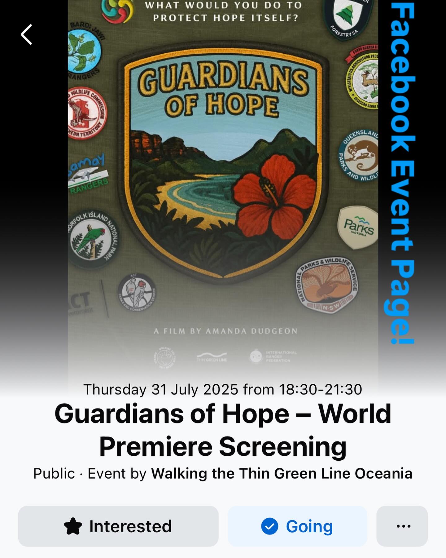 ๐ข For those who missed it weโve launched the official Facebook event for the world premiere of Guardians of Hope!
Join us in Sydney on World Ranger Day โ July 31 to honour Oceaniaโs rangers and celebrate the spirit of hope, courage and connection.
๐๏ธ Film screening + post-event gathering
๐ Palace Cinemas, Moore Park
๐ Tap the link in bio to RSVP or grab your ticket now
Already coming? Head to the Facebook event to connect with others and coordinate travel plans ๐ฟ
#GuardiansOfHopeFilm #WorldRangerDay #ThinGreenLine #SupportRangers #OceaniaRangers