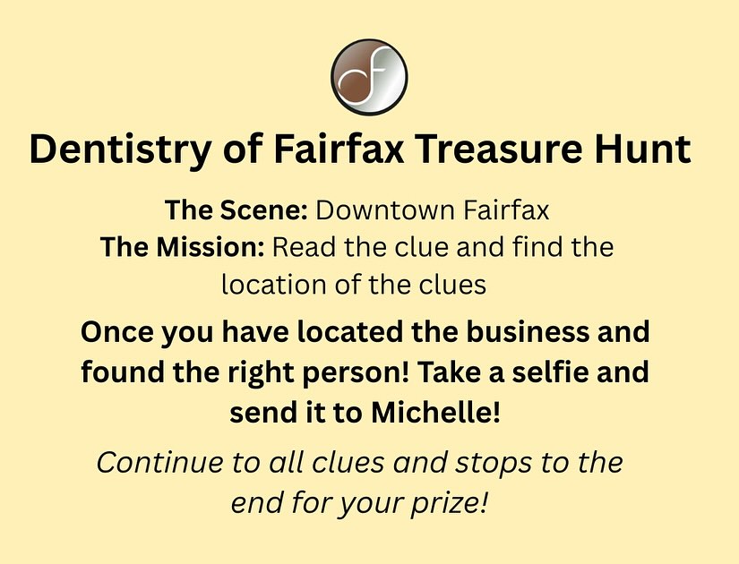 Summer fun starts now! 🌞
We’re kicking off the season with a scavenger hunt through the heart of Fairfax! We love our patients and supporting local businesses. Call us today to join our family and start your summer with a bright smile! 🦷
✨ #Dentistryoffairfax #SummerOfFun #FairfaxScavengerHunt #SupportLocal #navesfairfax #sonasfairfaxmarincountydesignbygerryowner #fairfaxvariety #fairfaxbarbershop #ameliecafefairfax