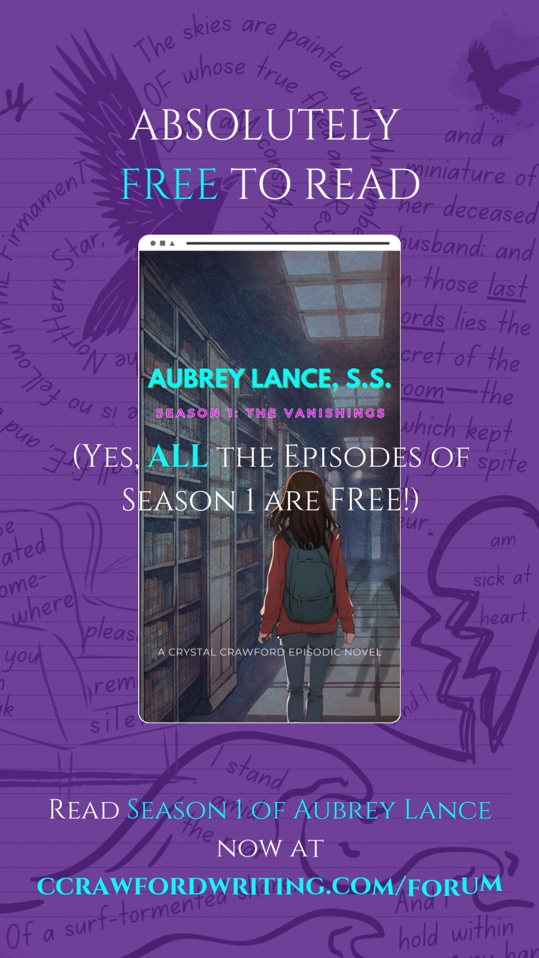 Read Aubrey Lance, S.S. -- Season 1: The Vanishings, for FREE on my website! New episodes post daily Monday-Saturday until the story is completed.