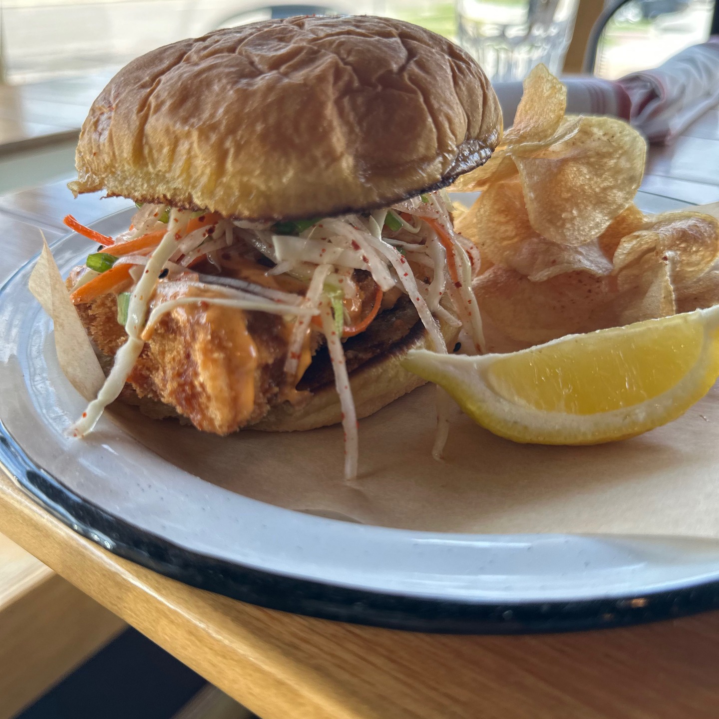 Lunch special today. Crispy Fish Katsu w/ Spicy Japanese Mayo, Tonkatsu Sauce + Daikon Slaw!