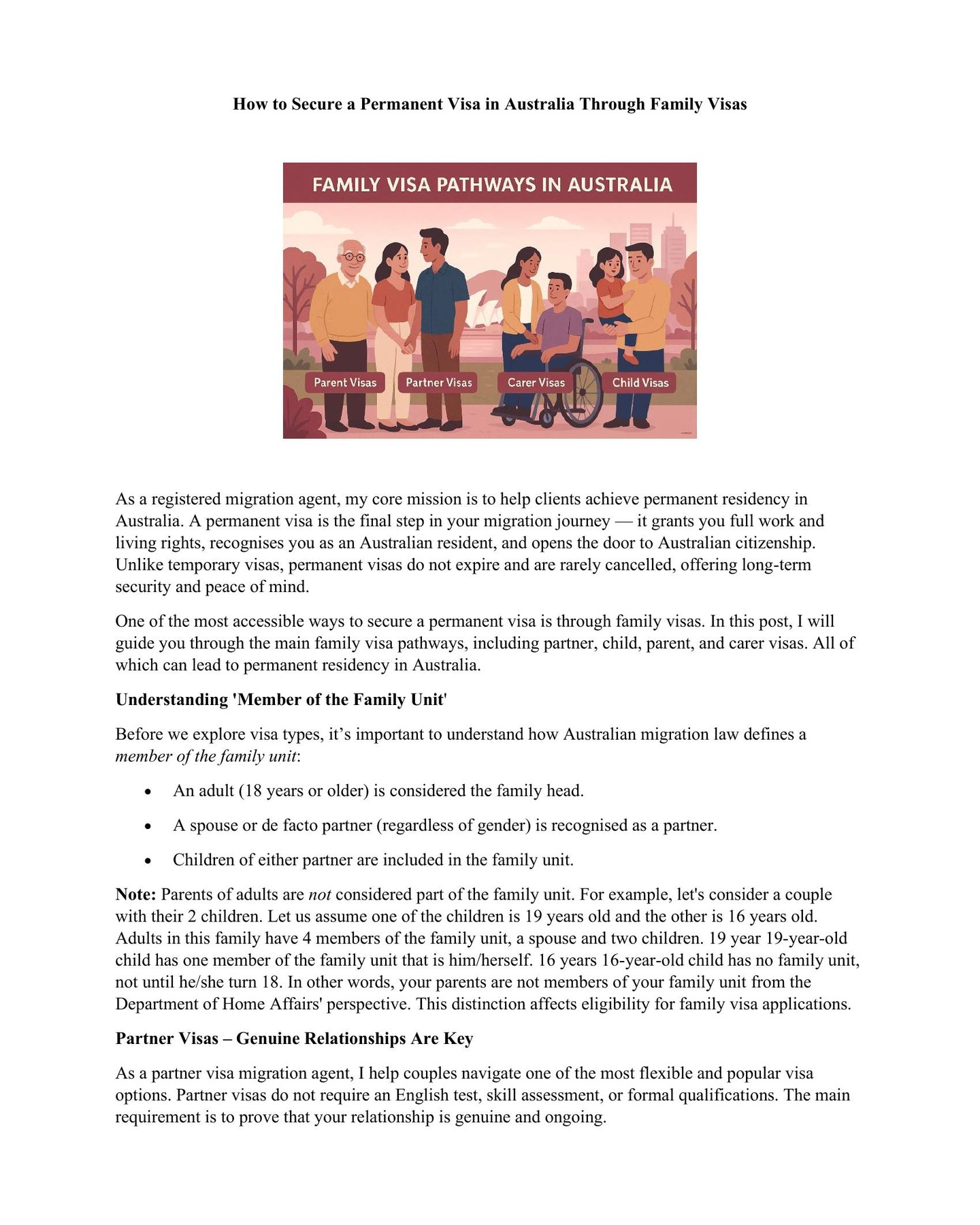Hello Everyone!
I am posting my article about Family visas.
Australian permanent residency can be achieved through several pathways. Perhaps the most common is the family visa path. If applied correctly, Family visas are perfect for reuniting with your family and living in Australia indefinitely.
In my latest article, I explain how partner, child, parent, carer, and remaining relative visas work, who qualifies, and what to expect during the process.
📄 Read the full guide (PDF) to understand your options.
👉 More info: https://www.visa-australia.com.au/helpfulreads
📩 Contact me for expert help with your family visa.
—
Ilgin Azazi | MARN 2318123
info@visa-australia.com.au | 0416 049 021
#PartnerVisa #FamilyVisaAustralia #MigrationAgent #AustralianVisaHelp #PermanentResidency #ilginazazi