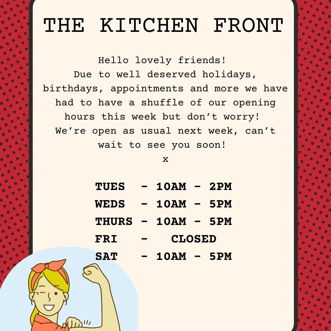 Bon journo!
These are our hours this week (I am away in Italy for a few days)
We apologise for any inconvenience on Friday. We have the fantastic, Lizzie Pie, Nay Hey, Sarah Poppins and Daisy Doodles running workshops on all other days.
Va bene. Spaghetti gelato lasagne bona sera. 🥰