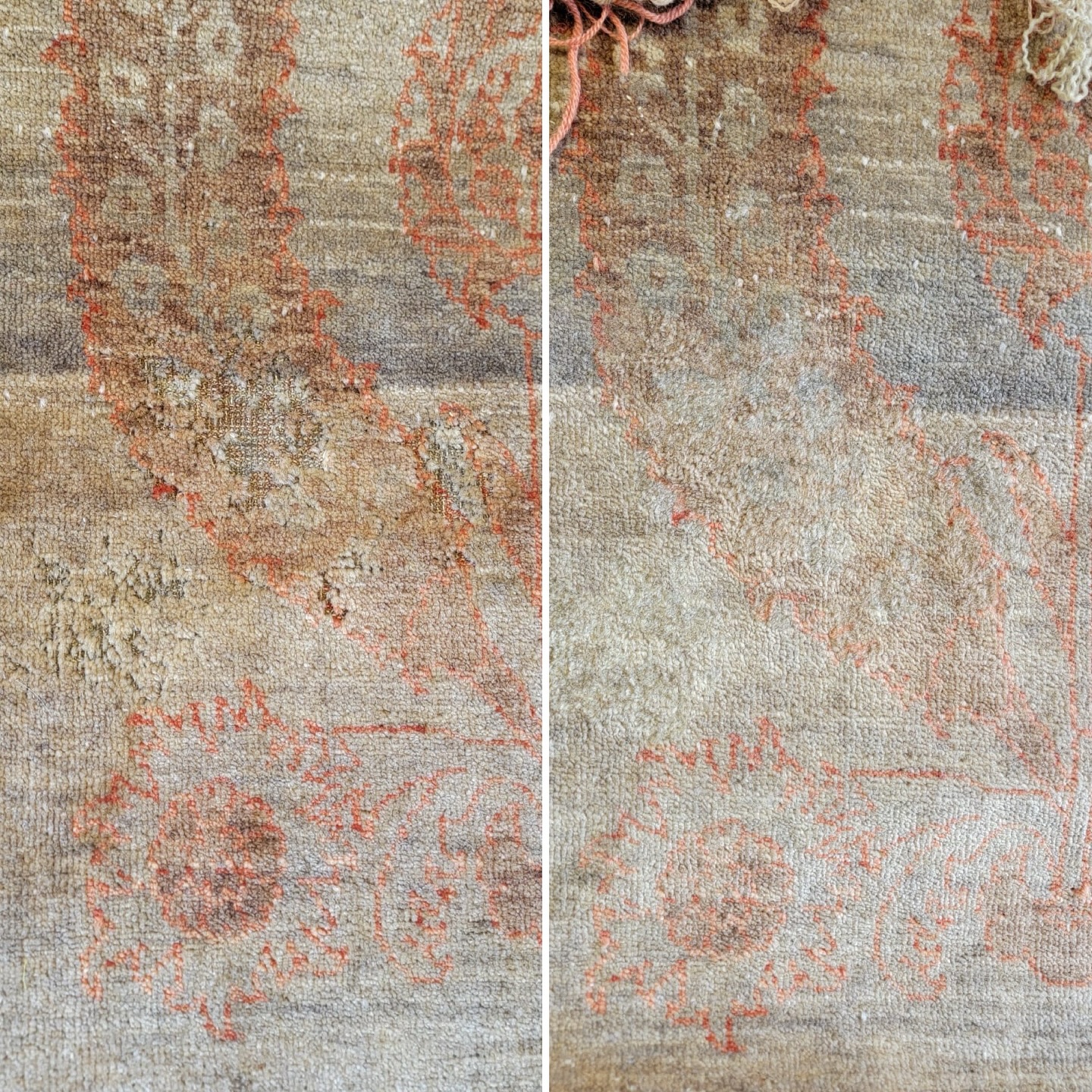 Moth damage restoration on this vintage India rug.
Protect your rugs from those moths! Vacuum and wash regularly, and give your rugs a sunbath once in a while.
———
#restoration #rugrepair #rugrestoration #antiquerugrepair #antiquerugrestoration #vintagerug #vintage #homedecor #vintagedecor #homeimprovements #indiarugs