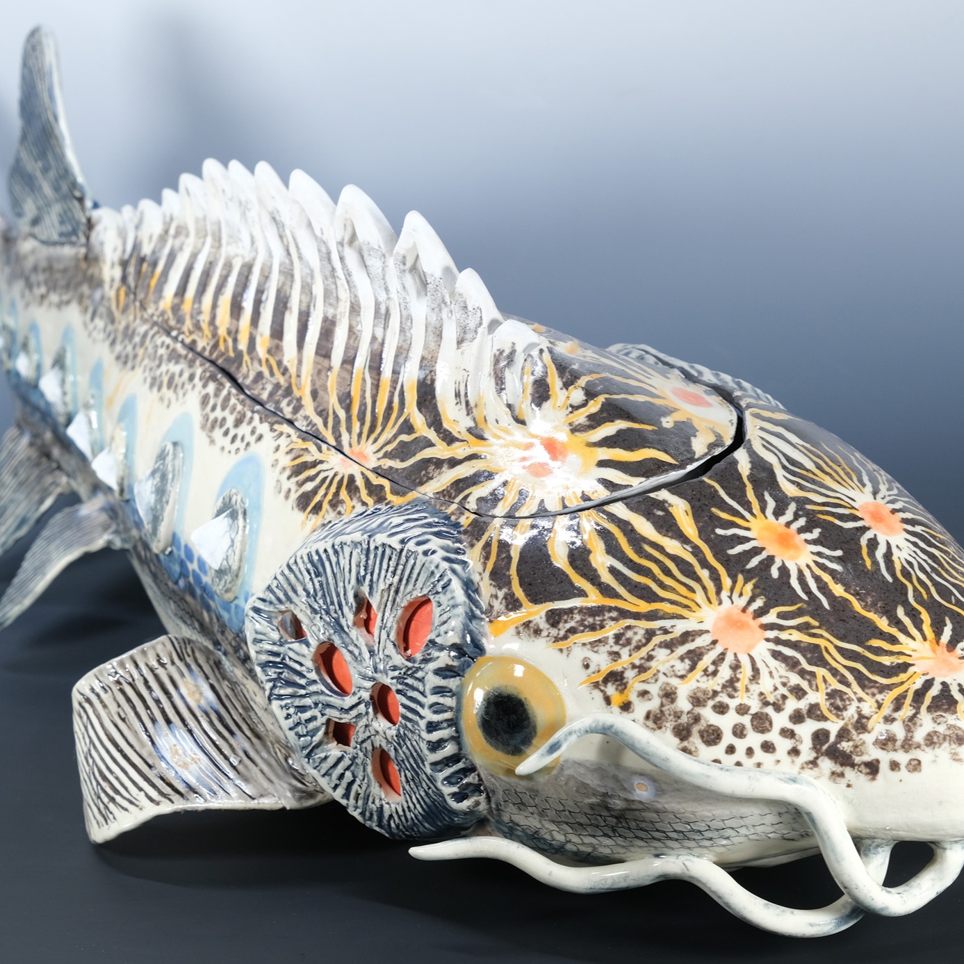 Cosmic Sturgeon, 2025
Ceramic lidded vessel
7.5"H x 10"W x 26"D
This sculpture is a personal narrative about finding comfort in knowing that we are all connected by nature and the cosmos.
Fresh from the kiln, it has been accepted into the @the.groundhog.show in Akron, OH. This annual exhibit supports queer culture and gives space and solidarity to the LGBTQIA+ arts community in Northeast Ohio. Proud to be included!
Here is the short version of the long story behind this artwork:
I was visited by a sturgeon on Lake Michigan while caring for my mother during her last battle with ovarian cancer. After strawberry picking in Algoma, WI, the lake was calling me to visit. I found a bench at a dead-end that overlooked a rocky incline to the shores. Basking in the sun, eating fresh-picked strawberries, enjoying a moment of alone before returning home.
Staring into the sparkling water, a gigantic lake sturgeon appeared. We stared into each other’s eyes for what seemed like hours. They reminded me that we are all nature, that we all return to the cosmos at some point, and comforted me. After my fill of comfort and strawberries, I decide to ascend the rocky cliff to the small sandy shore.
A few steps down, a badger popped out of his hole, both of us surprised, side-eyed each other, and poised to run. Slowly backing away, I decided it was best to leave.
A few days later, my mother and I took a car ride to get out of the house. Enjoying the winding country roads with moments of silence that eased hard questions, taking the conversation to further depth. We ended up on the same lakeside road near Algoma, so I brought her to the magical bench and we looked for the sturgeon while holding hands.
Neither the sturgeon, or badger, made an appearance and the sun was too strong for her cancer drug sensitive skin to wait very long. We went home and made strawberry jam.
My mother was my first home, unconditional love, and being who gave me life. Holding hands through it all, together, even when we lived apart on earth. Through nature, through the cosmos, we never have to let go.
#ceramicsculpture #sturgeon #vessel