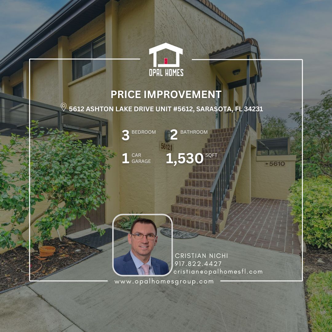 📢 PRICE IMPROVEMENT ALERT! 🏡✨
📍5612 ASHTON LAKE DRIVE Unit #5612, SARASOTA, Florida 34231
Your dream home in Ashton Lakes just got even better-now at a NEW, more attractive price! 💥
This beautiful 3-bedroom, 2-bath condo with a detached 1-car garage is tucked away in one of Sarasota’s most desirable communities. Surrounded by 33 acres of scenic lakes and lush landscaping, it offers peaceful living with top-notch amenities like 2 pools, tennis courts, pickleball, and more! 🎾🌴
Inside, you'll love the vaulted ceilings and serene lake views, plus a brand-new kitchen (2024) featuring updated cabinets and countertops. Other perks include:
✅ New A/C (2018)
✅ Water heater (2019)
✅ Washer & dryer (2018)
📍 Location, location, location!
✅ Just 2 miles to Siesta Key Beach 🏖️
✅ Only 6 miles to Downtown Sarasota
✅ Private community gate to Detwiler’s Farm Market 🛒
Don’t miss this opportunity to live in one of Sarasota’s most peaceful and convenient communities. Whether you're looking for a year-round residence or a seasonal escape, this home checks all the boxes!
☎️ 917.822.4427
📩 cristian@opalhomesfl.com
#priceimprovement #ashtonlakes #SarasotaRealEstate #condoforsale #FloridaLiving #floridarealestate