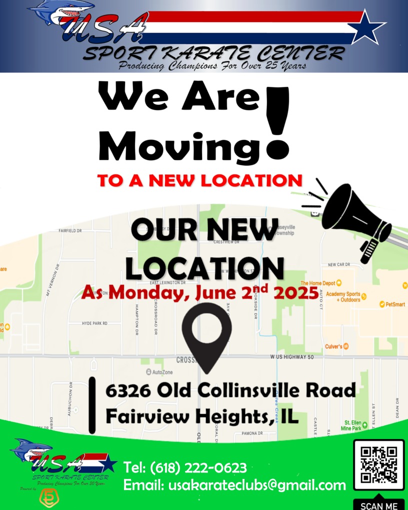 USA Karate Clubs will be moving at the end of May. Our lease will be up with the current facility so we have chosen to not renew our lease for various reasons. That being said, we have some exciting news about our new location.
USA Karate Clubs will be partnering up with 5 Elements. 5 Elements is a personal fitness/kickboxing/tai chi gym located in the heart of O'Fallon about 30 seconds from Walmart, located in the O'Fallon Plaza. (Corner of Hwy 50 & Old Collinsville Rd, across from the Moto Mart.) So hopefully, our new location will not be too much of a change.
So we ask for your patience and definitely your help on moving day at the end of the month. May will be a very exciting and busy month.