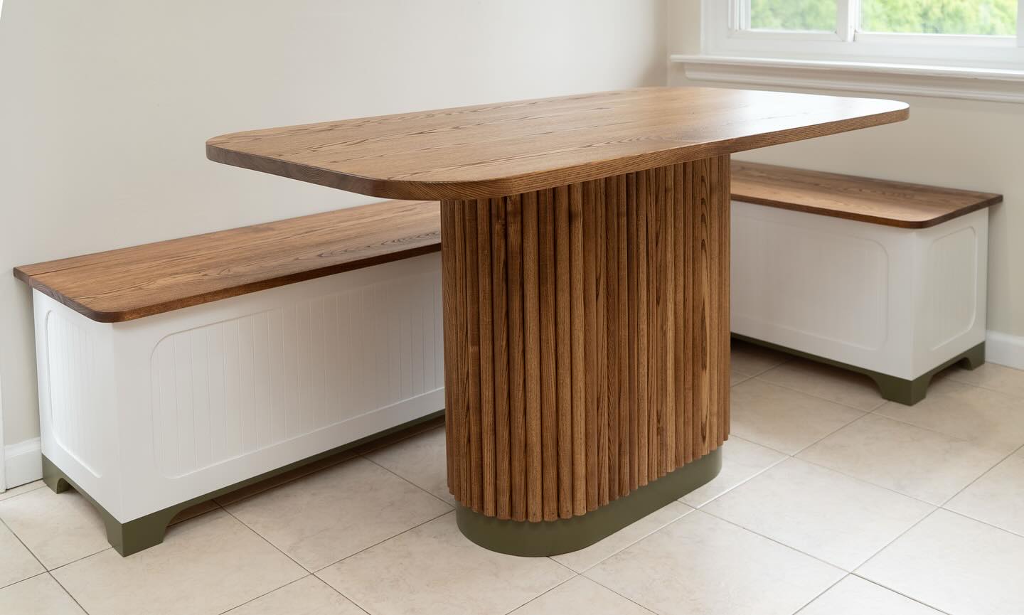 The Chestnut Breakfast Nook! 🪵🍃🛠️
Brandon and I had a great time designing this set for a narrow kitchen in need of seating and storage. The fluted pedestal base, green accent and rounded elements are what make this set special ✨
The benches have hardwood tops and flip-top storage with concealed hinges and soft-close hardware (no fingers getting caught in our benches)!!
Feeling super grateful that we get to exercise our creativity so often.
#pathdesignco #pathdesign #followyourpath #woodworking #breakfastnooks #hardwoodfurniture #customfurntiure