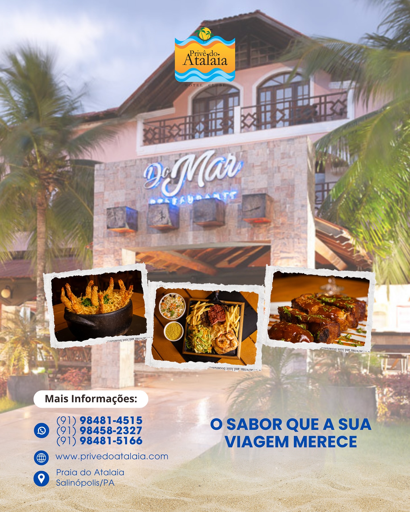 A vista é linda, mas o sabor é inesquecível.
Venha viver essa experiência no Restaurante Do Mar, dentro do Hotel Privê do Atalaia. Aberto para hóspedes e visitantes.
Reservas: (91) 98481-4515 / 98403-9507 / 98458-2327 / 98481-5166
–
Hotel Privê do Atalaia
Praia do Atalaia - Salinas/PA
www.privedoatalaia.com
#PrivêDoAtalaia #SalinasPA #Viagem #Paraiso #Momentoespecial