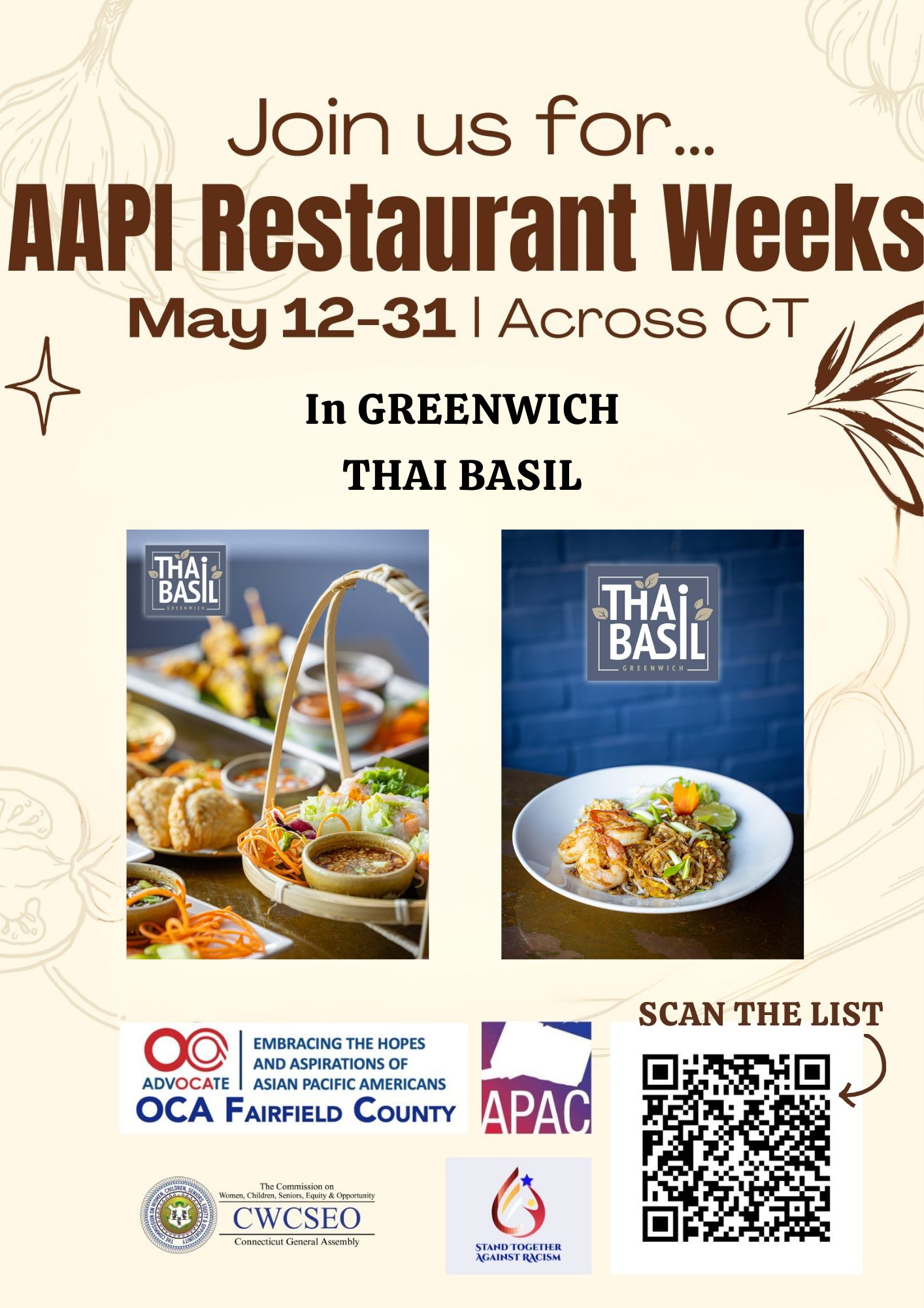 🍜 AAPI Restaurant Weeks
🗓️ May 12 – May 31, 2025
Select Asian restaurants throughout Connecticut have signed on to participate, each offering a special dish, drink, or promotion to celebrate AAPI cuisine. https://ow.ly/eGNv50VUj2f
📌 Savor authentic Thai cuisine at Greenwich Thai Basil — and show love to local AAPI-owned restaurants! #ThaiBasil #AAPI #AAHNPI @thaibasilofgreenwich @OCANational @OCAFC @apac_ct #Greenwich #Greenwichfood