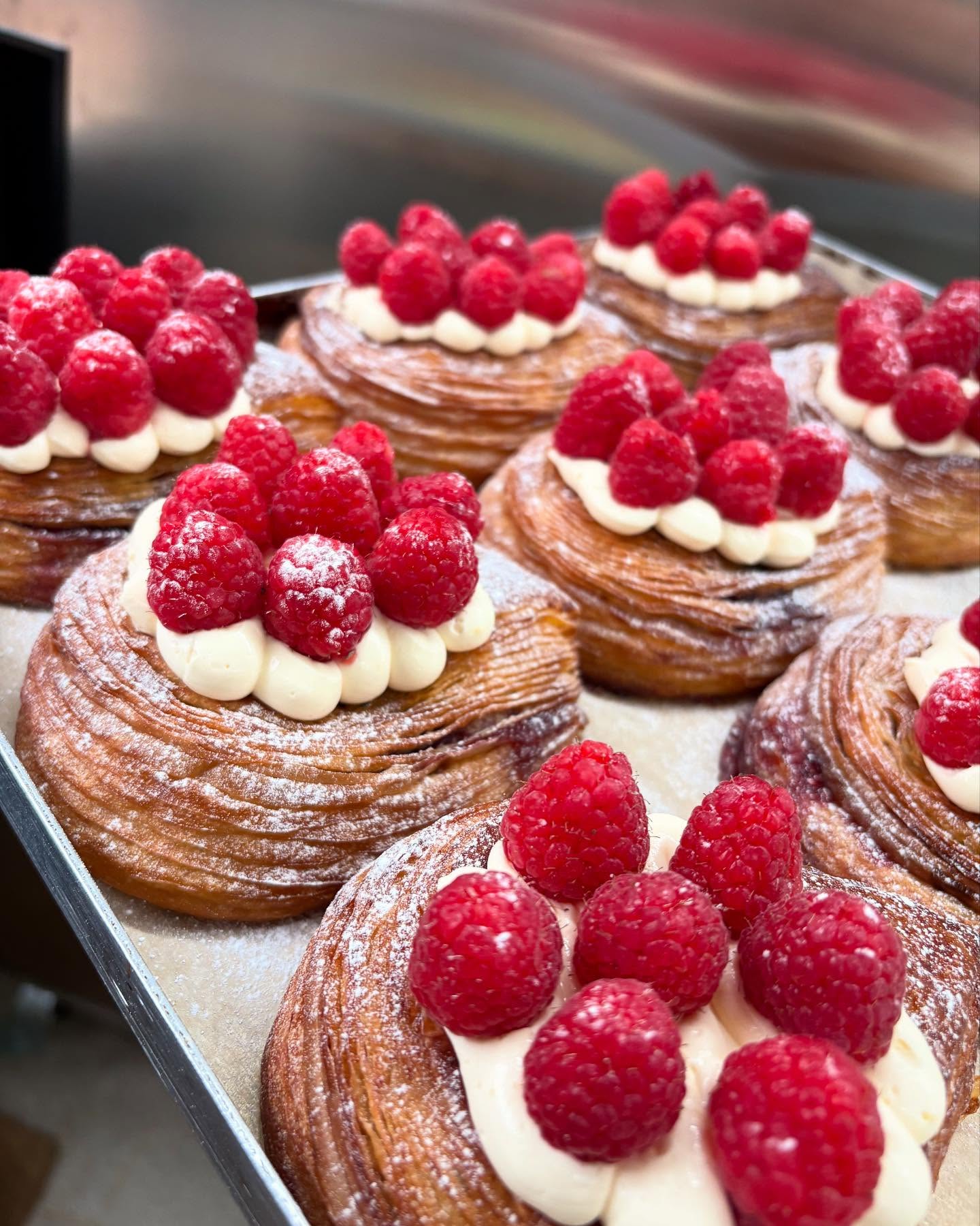 Raspberries & Cream Danish as this weekends seasonal special - on the counter today and Saturday. Filled with a mixed berry jam, vanilla crème diplomat and topped with fresh raspberries. #danishpastry #raspberrydanish #theloaftinbakery