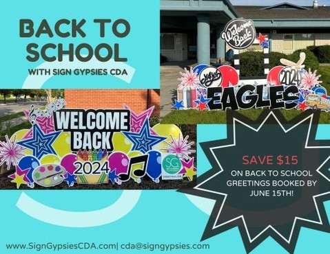 📚✏️ Back to School Bash with Sign Gypsies CDA! 🎉
🎒✨ As the school year winds down, prepare for a stress-free back to school by booking your Back to School greeting before summer begins! Booking early insures choice of date, color, and special requests!✨🎒
📅 Book by June 15th and save $15 on your Back to School sign rental! 🎉
Whether it's a "Welcome Back" message, a "1st Day of School" surprise, or a custom phrase to kick off the year, we've got you covered! 🏫💫
#backtoschool #yardgreetings #yardcard #coeurdalene #hayden #postfalls