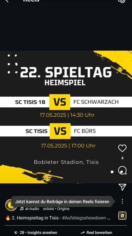 🔥 2. Heimspieltag in Tisis - #Aufstiegsshowdown Finale 1/5! 🔥
Am Samstag, 17. Mai heißt es wieder: Fußball pur im #Bobleterstadion! 💥⚽
Unsere 1B startet gegen den FC Schwarzach, bevor unsere #Kampfmannschaft den SK Bürs empfängt. 💪
Und unsere Erste will den Titel – seid dabei & feuert die Jungs an.
📍 Bobleterstadion, Tisis
📅 Samstag, 17.05.2025
SC Tisis 1B : @fc_schwarzach
⏰14:30 Uhr
SC Tisis : @skbuers
⏰17:00 Uhr
Euch erwartet:
⚽ #Hochspannung auf dem Platz
⚽ Stimmung & Support von EUCH!
⚽ Torwandschießen mit Bierpreisen von der @mohrenbrauerei
⚽ Fußball-Feeling vom Feinsten!
Bringt Familie, Freunde & gute Laune mit – wir brauchen jeden Fan! Gemeinsam zum Titel! 😊🍻
Hopp, Tisis, hopp! 🙌
#Fußballliebe #Fußball #NurDerSC #ScTisis #Vorarlberg #Meisterschaft #gemeinsamstark #wirsinddietisner🖤💛
🎵 Yevgenij Sorokin, Pixabay.com