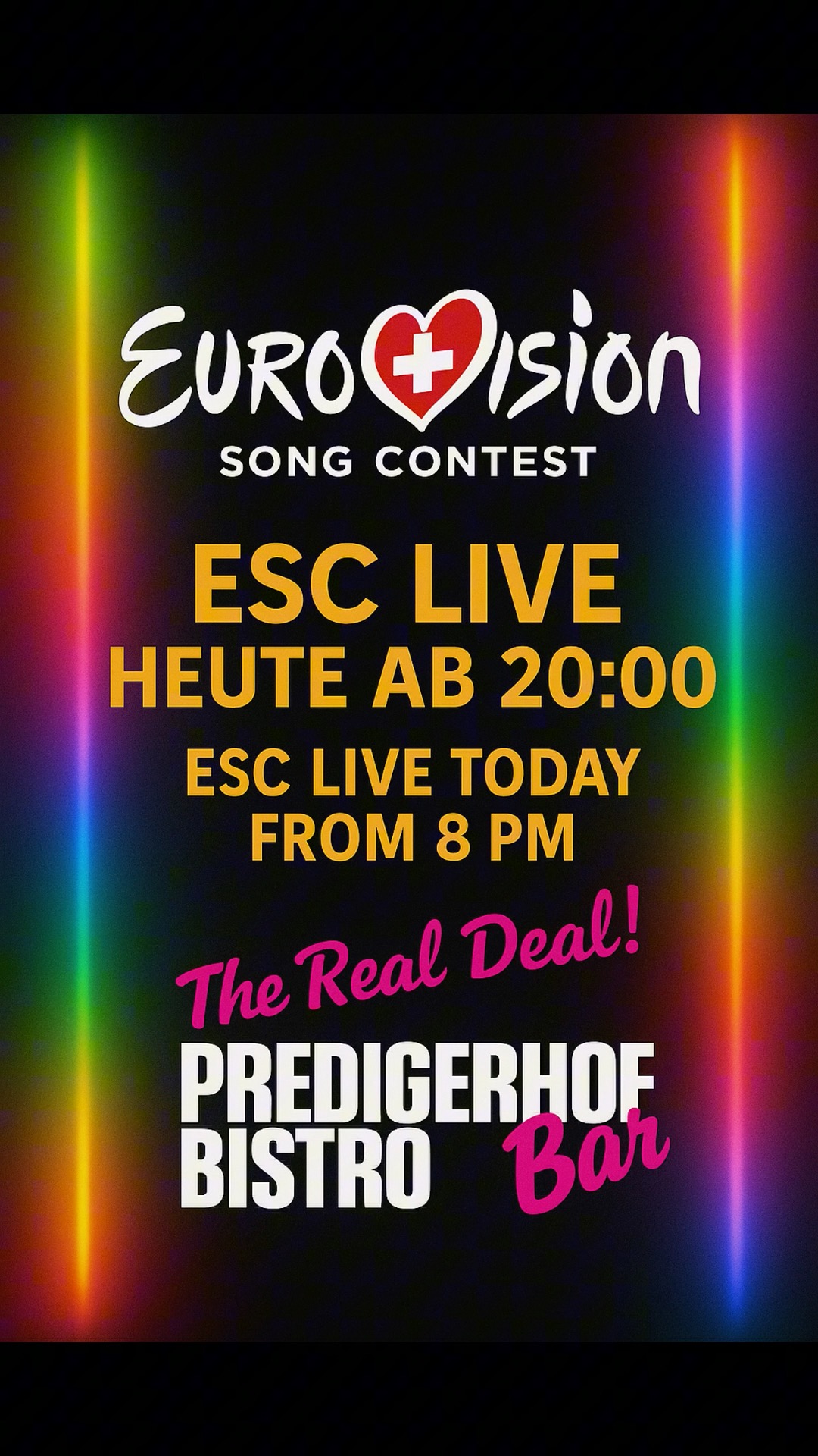 🎤 Eurovision ab 20:00 im Predigerhof
🌈 Live. Laut. Schön.
⠀
🎤 Eurovision from 8 PM at Predigerhof
🌈 Live. Loud. Fabulous.
#ESC2025 #Predigerhof #ZürichNightlife #GayBar