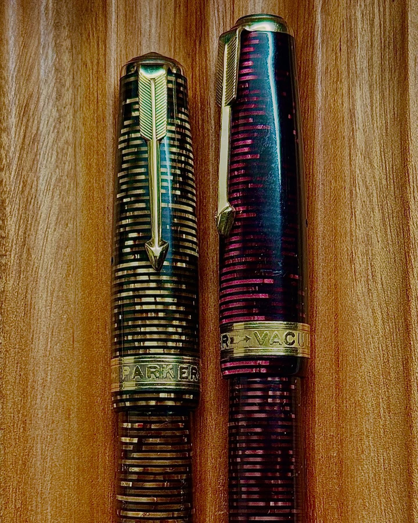 Pens from left to right:
1. Parker Vacumatic Senior Maxima Golden Pearl (1937) with VACUMATIC Band.
2. Parker Vacumatic Senior Maxima Burgundy Pearl (1937) with VACUMATIC Band
It’s funny how a simple design band, with the inscription “Parker Vacumatic” that was done only for a short period of time (maybe a couple of months in 1937) when Parker started coming out with their new sets of Vacumatic pens such as the Maxima, Senior Maxima and Major, would add so much decimal places on the prices of these pens more than 80 years later.