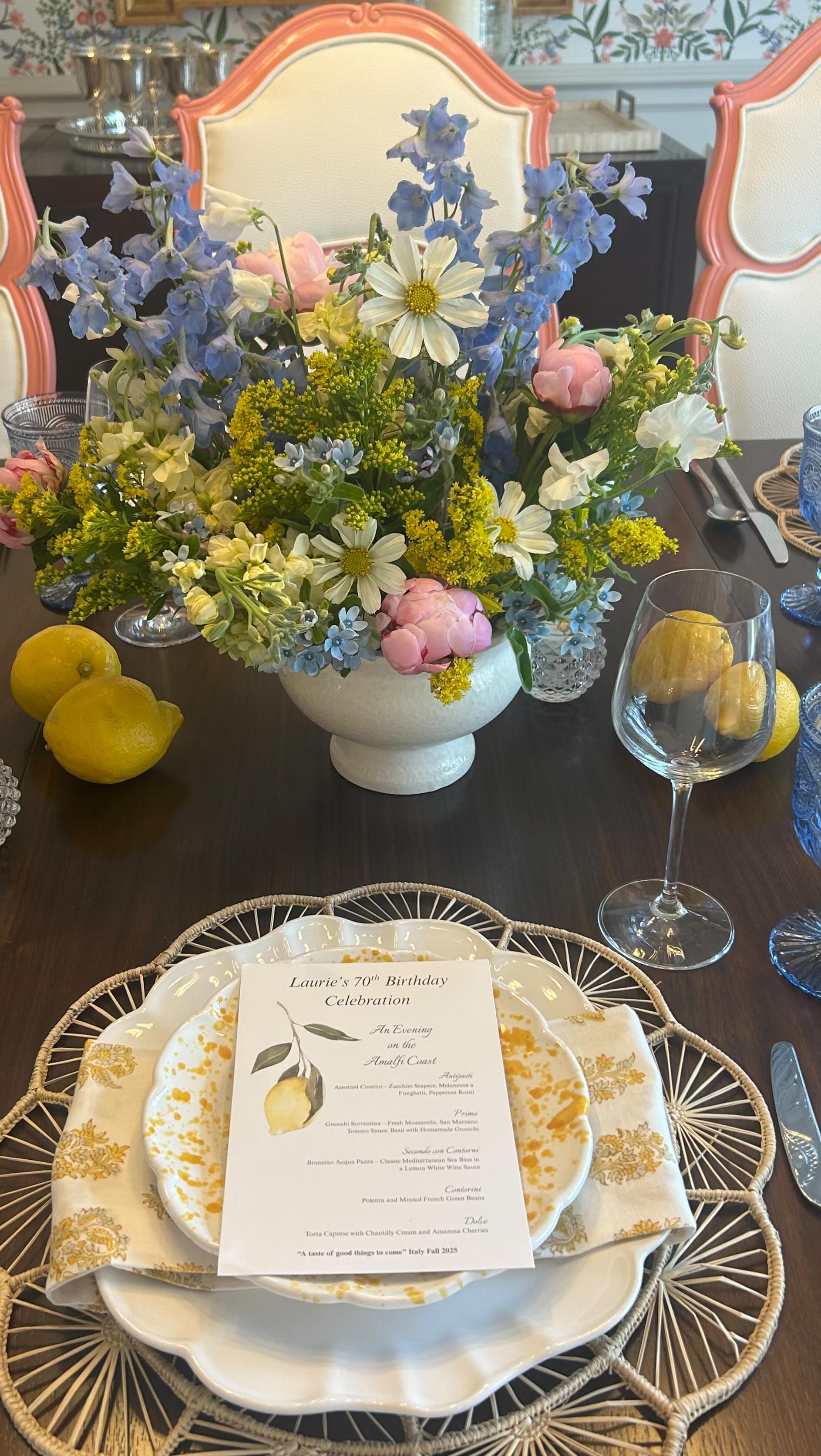 Inspired by the Amalfi Coast, this dinner party celebrated a special birthday. Our splatter plate was the perfect choice here โ its design rooted in traditional southern Italian ceramics. The rich blues and sunny yellows were echoed throughout the table with coordinating glassware, florals, and decor, bringing the entire visual to life. ๐
Rentals & Design: chargers, dinnerware, glassware, custom menu, and florals.
.
.
.
.
#tablesetting #tabletop #dinnerparty #amalficoast #italy #custommenu