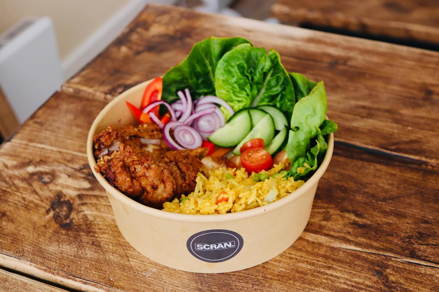 Scran. Rice Box - Northen Fried Chicken - Delicious spiced rice & salad topped with our signature Northern Fried Chicken ❤️