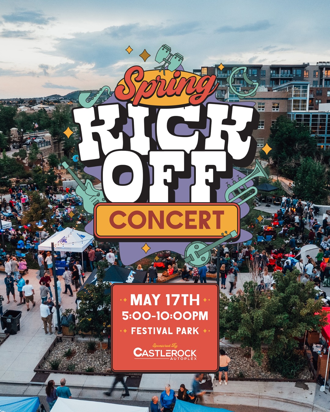 In just two nights, we will be at Festival Park at the SPRING KICKOFF CONCERT…
🎶 jamming out to live music
🍔 munching on tasty food truck eats
😎 visiting with local vendors
🌅 and officially kicking off the season of Downtown Castle Rock fun!
The SPRING KICKOFF CONCERT is this Saturday, May 17 in Festival Park! We can’t wait to hang out with everyone in our beautiful downtown!
🎸 Live music from Sarah P & the Dirty Logger and The Tiny Pockets
🌭 Food including tacos, empanadas, wings, burgers, ice cream and more!
🍷 Beverages from 105 West, Molly Brown Spirits, Wild Blue Yonder, Great Divide, Purgatory Cellars and Rockyard Brewing
🛍️ Plus tons of local businesses set up to offer you fun services and merchandise!
Stop by, or stay awhile! We’ll see you there!
🌟 And a big thanks to our sponsors: Castle Rock Autoplex, Aloha Fund, HBS Trash Services, and Park Street Storage
#downtowncastlerock #castlerock #castlerockcolorado #summerincastlerock #coloradoconcerts #coloradofestivals #castlerockfamilies #castlerockkids