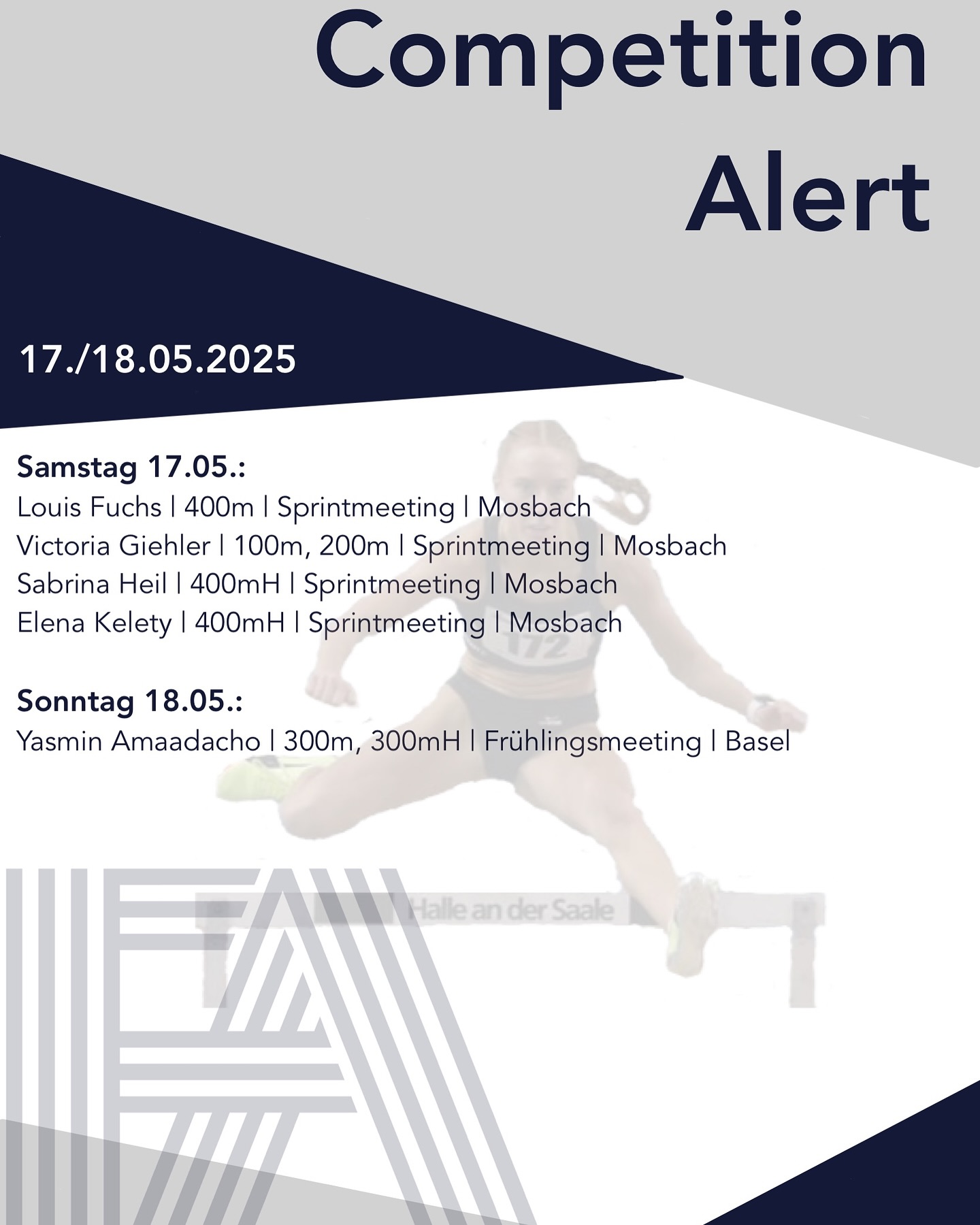 Auch dieses Wochenende sind wieder einige FA-Athleten aktiv 💪:
Beim heutigen Mosbacher Sprintmeeting starten mit @__louisfuchs__ , @vicky.ghlr , @sabrina.heil und @elena.kelety gleich 4 unserer Athleten und gehen auf Zeitenjagd ⚡️🔥!
Morgen steigt dann @yasmin.amaa in Basel 🇨🇭 über 300m und 300mH in die Saison ein 🙌💥.
Viel Erfolg an alle unsere Athleten 🍀
#frankfurtathletics #germanyathletics #Fa #faster #higher #further