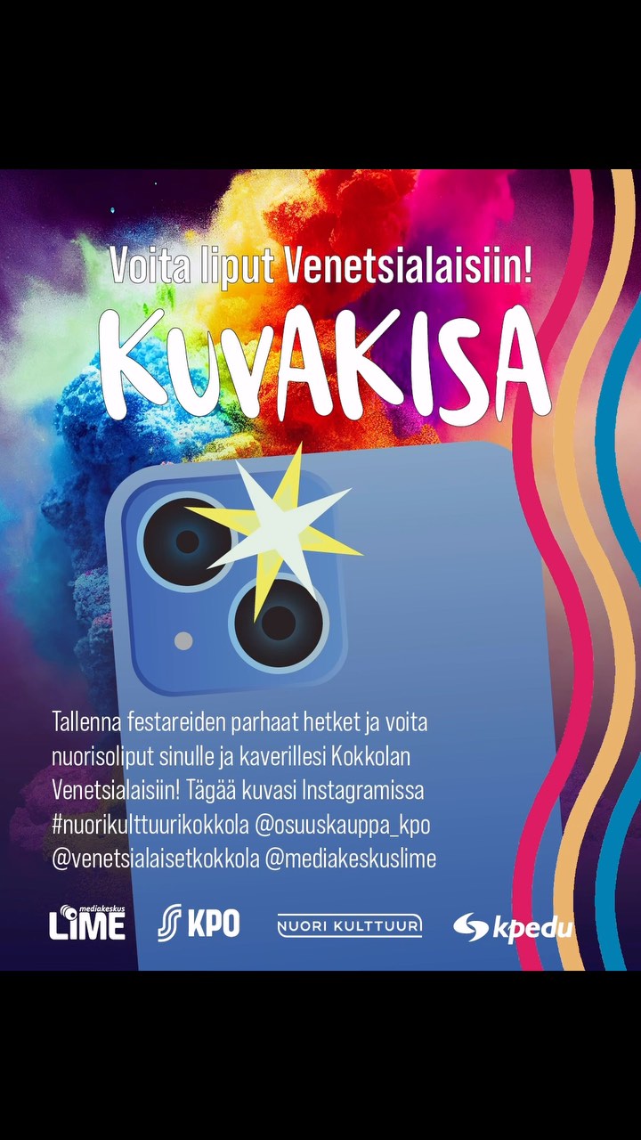 Palkintoja luvassa! Tallenna festareiden parhaat hetket ja voita nuorisoliput sinulle ja kaverillesi Kokkolan Venetsialaisiin! Tägää kuvasi Instagramissa #nuorikulttuurikokkola @osuuskauppa_kpo @venetsialaisetkokkola @mediakeskuslime