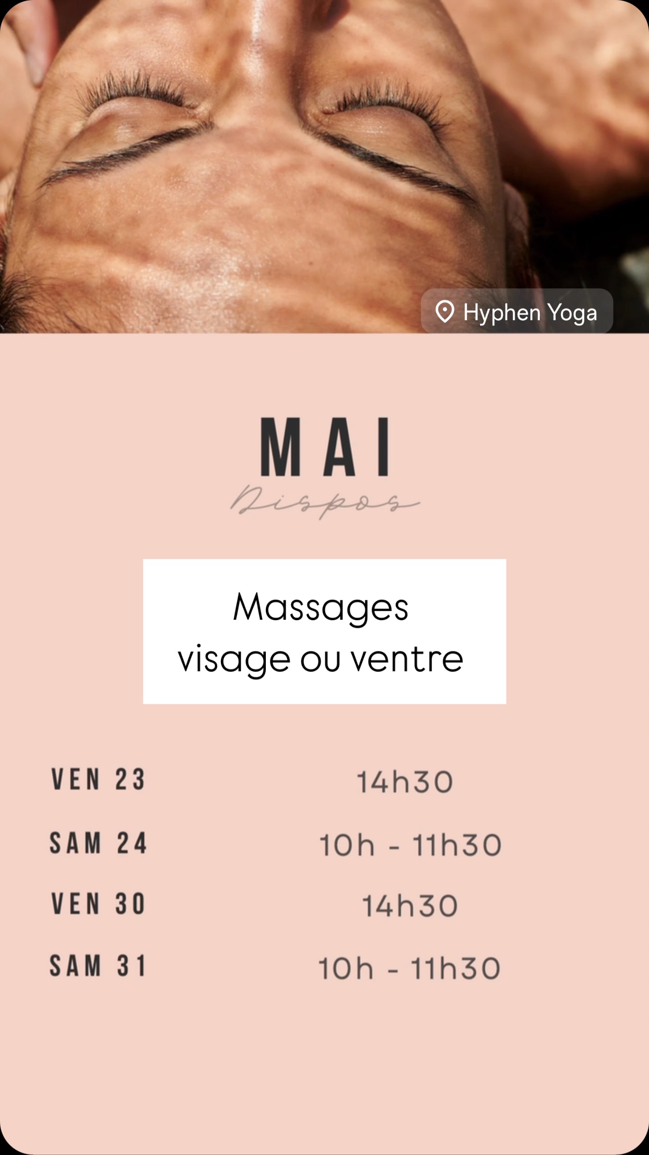 Dernières dispos de mai au studio @hyphenstudiovalence ‼️
Envie d’un coup d’éclat ou d’un ventre plus léger ? Il me reste quelques créneaux pour un massage facialiste ou un Belly Detox au Body Lab.
Hors studio? Contacte-moi par message ou téléphone pour un soin à domicile.
Fais vite, les places partent vite !
#massagevalence #facialistevalence #kobido #bienetre #facialiste #skinroutine #kobidovalence #antiage #massageantiage #valenceville❤️ #