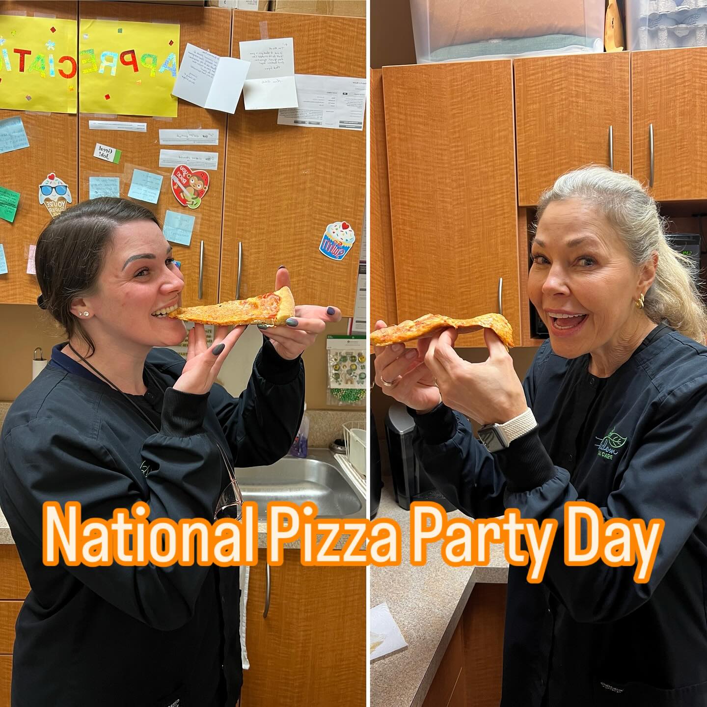 Elise & Jen celebrating National Pizza Party Day with some pies from @liberatores_eldersburg #nationalpizzapartyday #freedomdentalteam