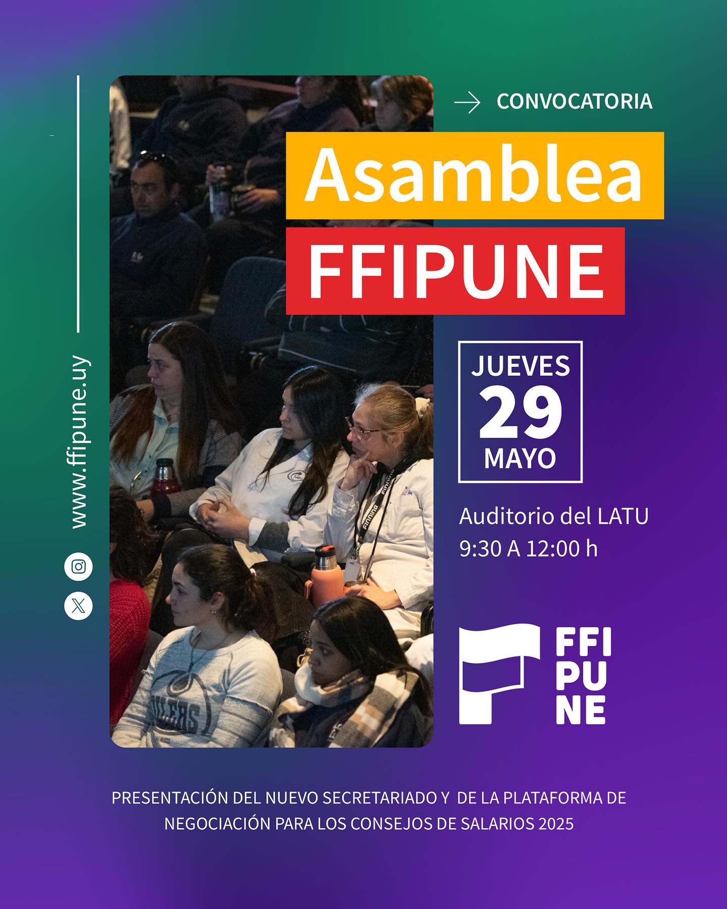 El 29 de mayo llevaremos a cabo la asamblea general de FFIPUNE, con la presencia de todas las personas afiliadas a los sindicatos que conforman la Federación. Invitamos a todas y todos a participar y ser parte de esta instancia de construcción, en la que se conocerá la plataforma de negociación.
#construyeFFIPUNE