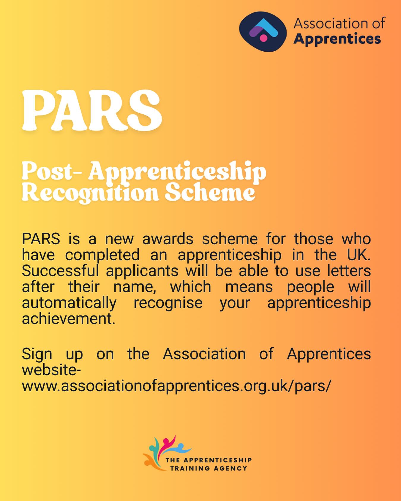 🎓 Just finished your apprenticeship? It’s time to get the recognition you deserve!
Introducing PARS (Post-Apprenticeship Recognition Scheme) by the Association of Apprentices. Now you can proudly use letters after your name to show off your achievement.
🔗 Sign up now: www.associationofapprentices.org.uk/pars/
