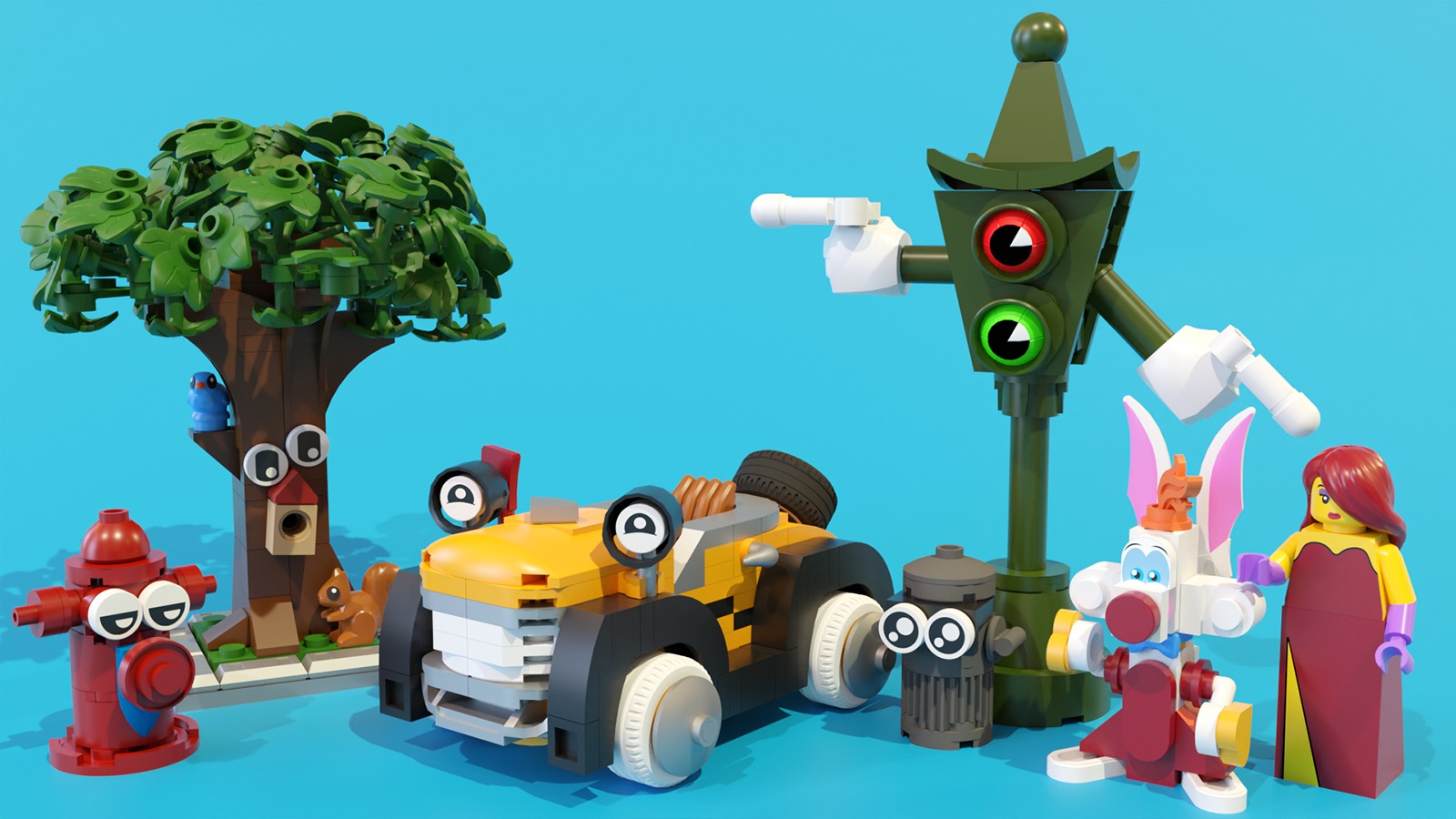 "Every Joe loves Toontown!" That's why I decided to bring a little bit of Toontown to LEGO!
By including these smaller toon objects in their LEGO city, builders can seamlessly transform their LEGO city into a whimsical Toontown! After examining every frame of the movie and all the concept art I could find, I decided that these are the most iconic objects to be turned into toons!
This set includes:
A Roger Rabbit buildable figure.
Bennie the Cab, complete with an opening mouth for added playability.
A Jessica Rabbit minifigure.
A toon traffic light.
A toon tree.
A toon fire hydrant.
A toon trashcan.