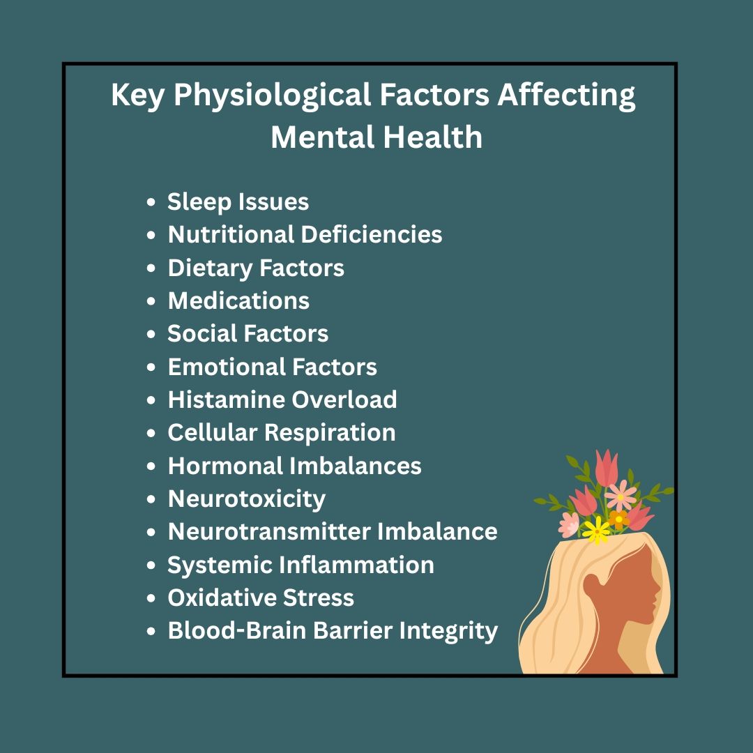 The common roots of mood imbalances are many and varied. It takes a trained functional medicine health coach to assess what functional imbalances are uniquely at play when working with a client to resolve mental health challenges on the physiological level. These can include:
Lack of deep sleep, shift work, and jet lag promote cortisol imbalances, Insufficient nutrients, including oxygen, water, essential fatty acids (Omega-3s), magnesium, B vitamins, and protein, Stimulant foods, sugars, refined carbs, artificial additives, and caffeine vary in individual tolerance, Certain drugs like oral estrogens, steroids, and ADHD medications can impact health, Stress and isolation from excessive virtual interactions, Trauma, chronic stress, and unmet expectations can affect well-being
Histamine overload caused by NSAIDs, alcohol, or hormonal changes, Exposure to heavy metals and chemicals can harm health, Low B vitamins and high cortisol can disrupt balance, Conditions like COVID-19, dysbiosis, and food sensitivities that increase inflammation, Metabolic syndrome and poor diet contribute to oxidative damage, Factors like low Vitamin D and inflammation can impair barrier function
There is so much more you can do to heal your mood imbalances than simply talk therapy and taking psychiatric medications. If you want to heal your chronic mental health condition work with a highly experienced mental health professional/certified functional nutrition counselor who guides and partners with you to help balance your moods and transform your health using a gut centric approach of diet an lifestyle modification.