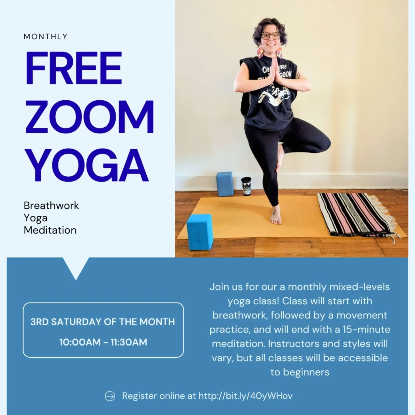 I'm hosting a FREE yoga class on Zoom on the third Saturday of the month, EVERY MONTH! ð§ðŧââïļ
The first one will be taught by me on Saturday, July 19th at 10am. To attend, you must register at bit.ly/40ywhov (you can also DM for the link)
Future classes will have a rotating cast of teachers. Classes are mixed-levels but beginner-friendly âĻ you're welcome to skip the meditation at the end (but why not give it a try???)
I'll stick around after class is over in case folks have questions about the practice or modifications that they couldn't get answered during class
If demand is high enough, I'd love to add a second day that could have more niche classes, such as kids yoga, beginner classes, or chair yoga, so stay tuned!
See you there!!!
#yoga #mentalhealthmatters
