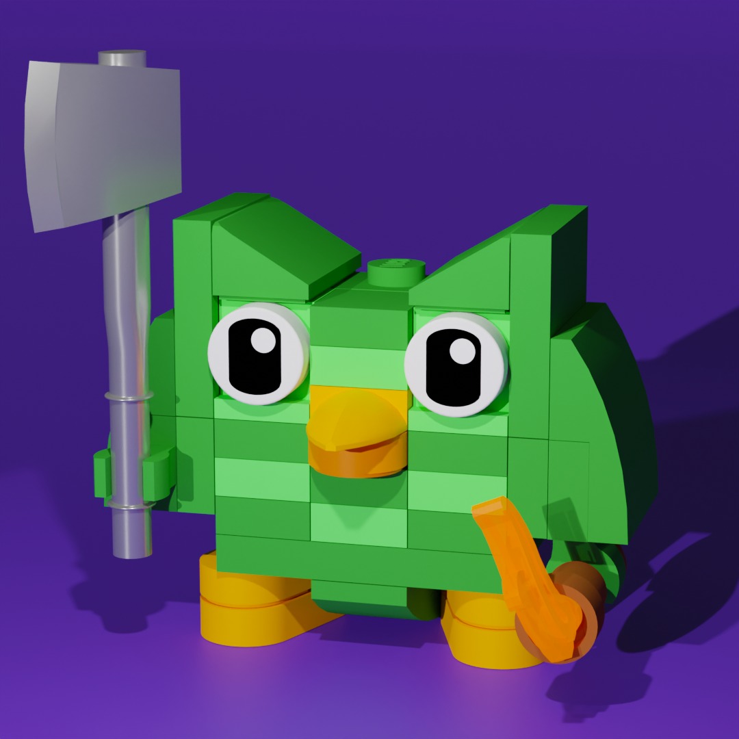 People used to joke that if you forgot your Duolingo lessons, the Duolingo owl would punish you. This became so popular that the company now uses it as a major part of their marketing campaign. That’s why I created the owl with a dead stare, an axe, and a torch to make it look like he is about to threaten you to finish another lesson.
The most interesting part of this build is the beak, which locks an oval 1x2 tile in place to form the bottom.