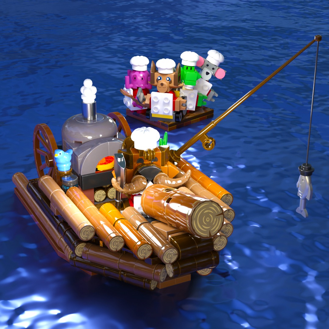 After making the Overcooked food truck, somebody asked if I could also make her favorite chef. The food truck was already full, however. I decided that a beaver chef could have his own cooking boat, made of the wood he chewed and powered by a pizza oven.