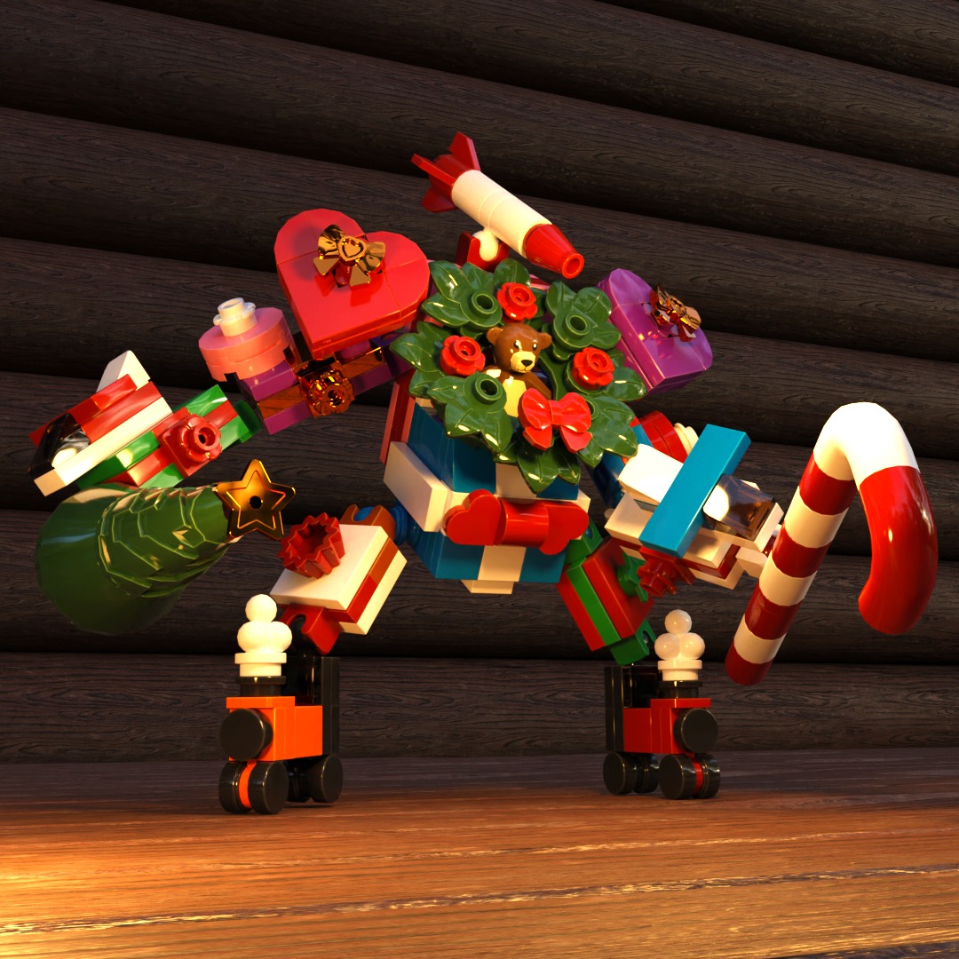 I had the crazy idea to design a mech out of Christmas presents. I started by building the presents separately and was surprised to find that they fit together really well, with barely any adjustments needed.